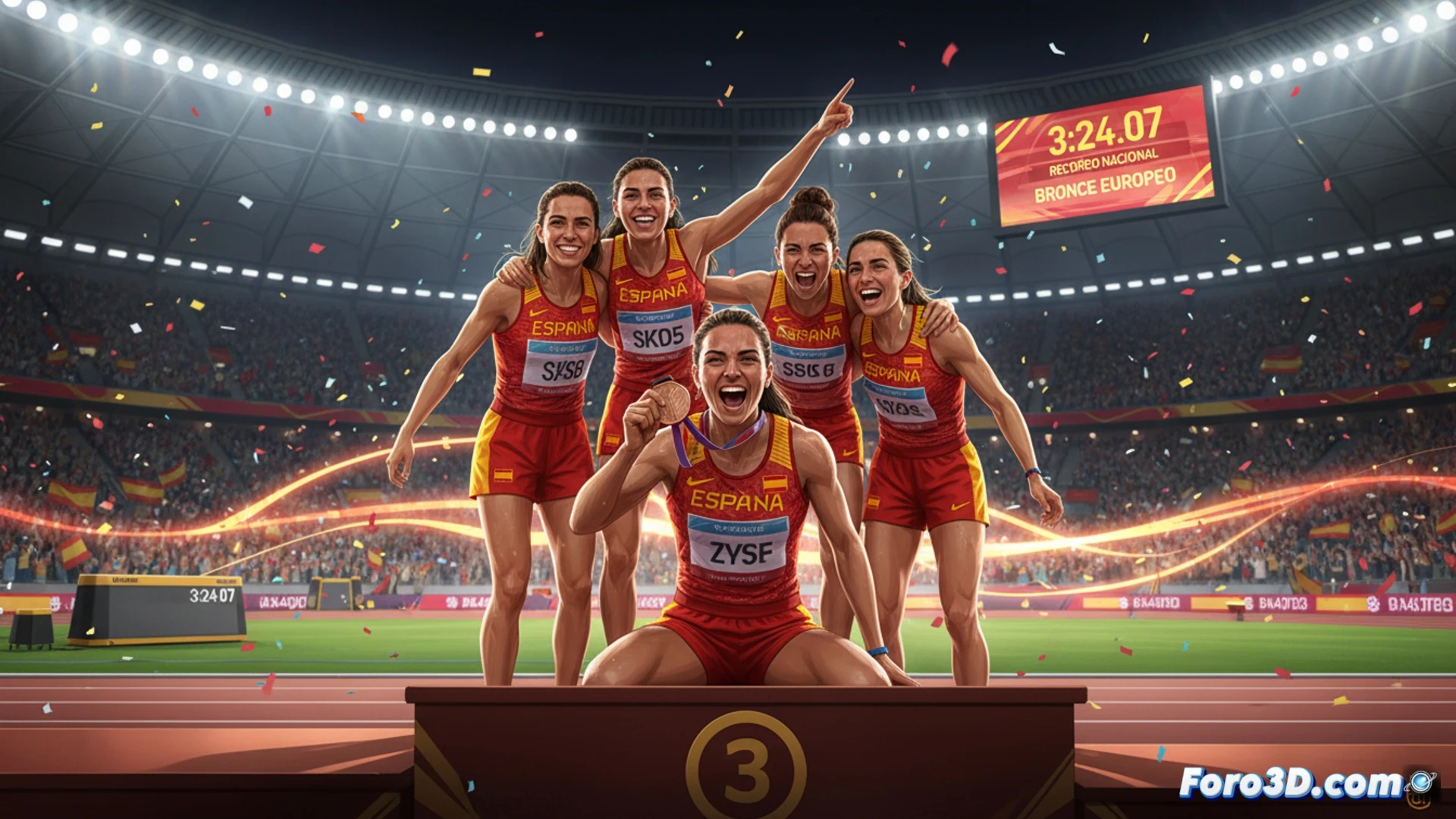 Cuatro atletas femeninas celebran con brazos en alto, portando medallas de bronce, sobre pista azul con público de fondo.