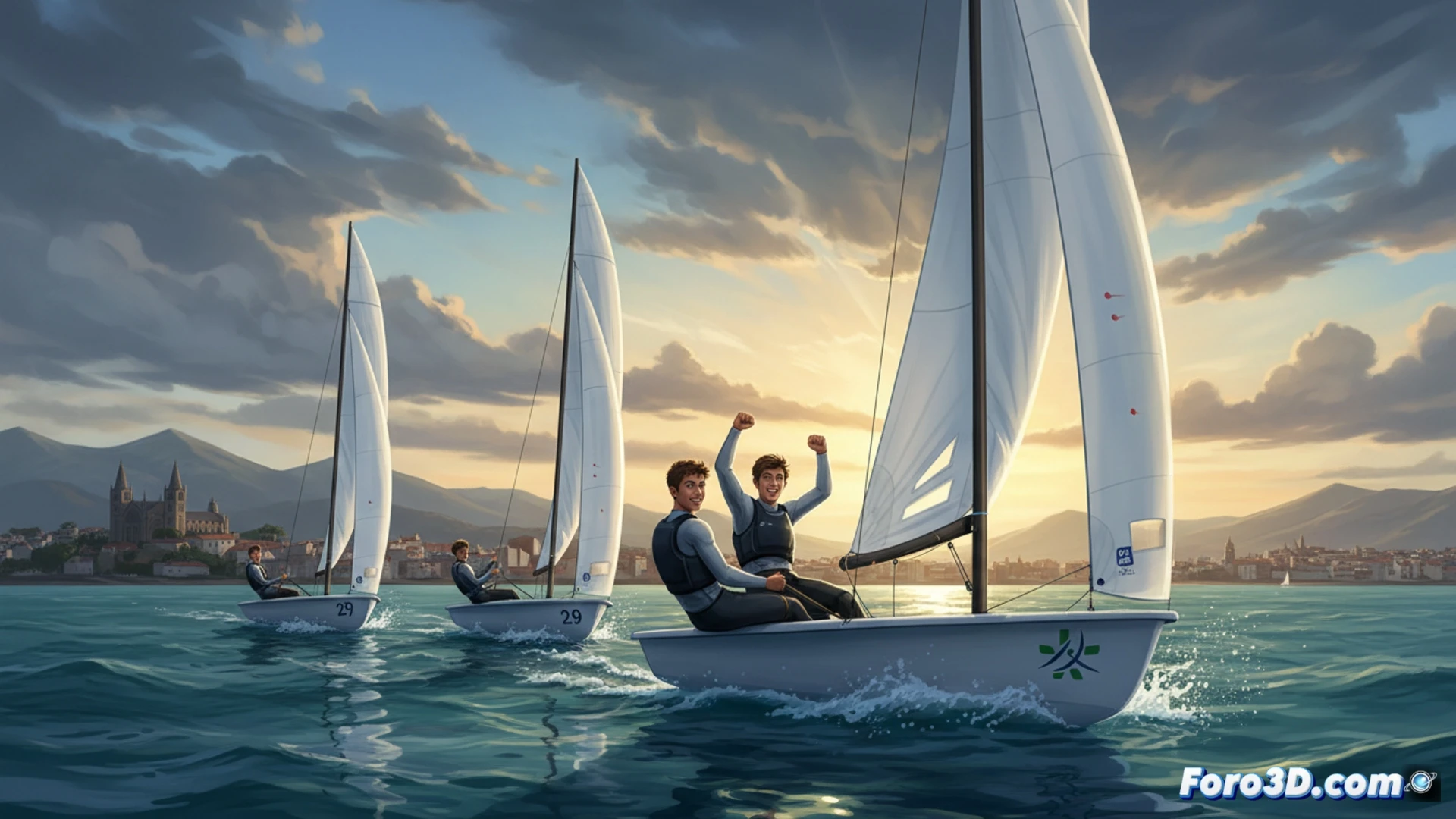 Dos veleros 29er compitiendo en aguas abiertas de Santander, uno inclinado violentamente a barlovento durante una virada, velas curvadas por el viento, espuma blanca rompiendo contra el casco, timón y orza visibles bajo el agua turbulenta, cielo nublado con rayos de sol irrumpiendo, estilo cinematográfico fotorrealista, acción dinámica, gotas de agua congeladas en el aire, mástil de fibra de carbono reflejando destellos de luz, mar de fondo con olas cortas y crestas espumosas, composición dramática con horizonte bajo