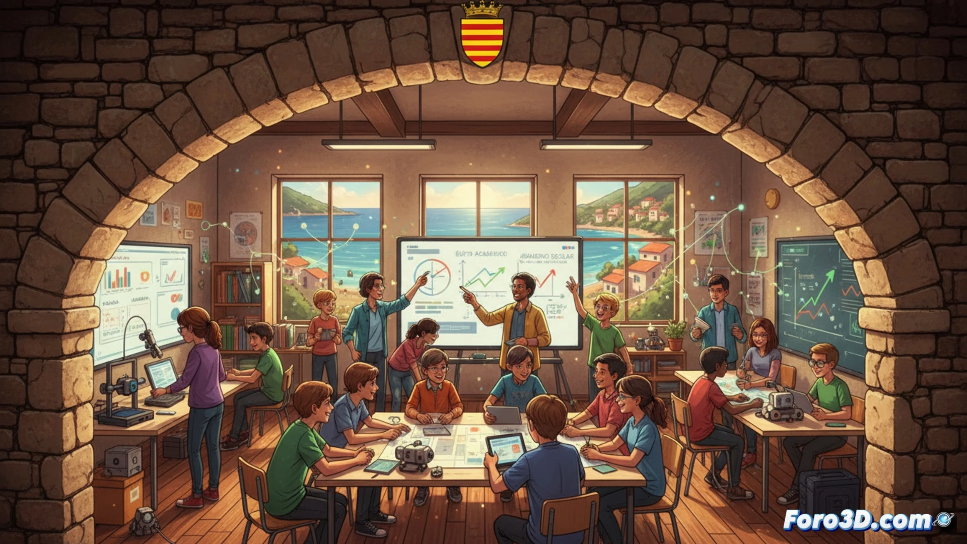 Estudiantes y docentes en aula colaborativa de Balears, con mapas y pantallas, simbolizando éxito del programa PROA+.