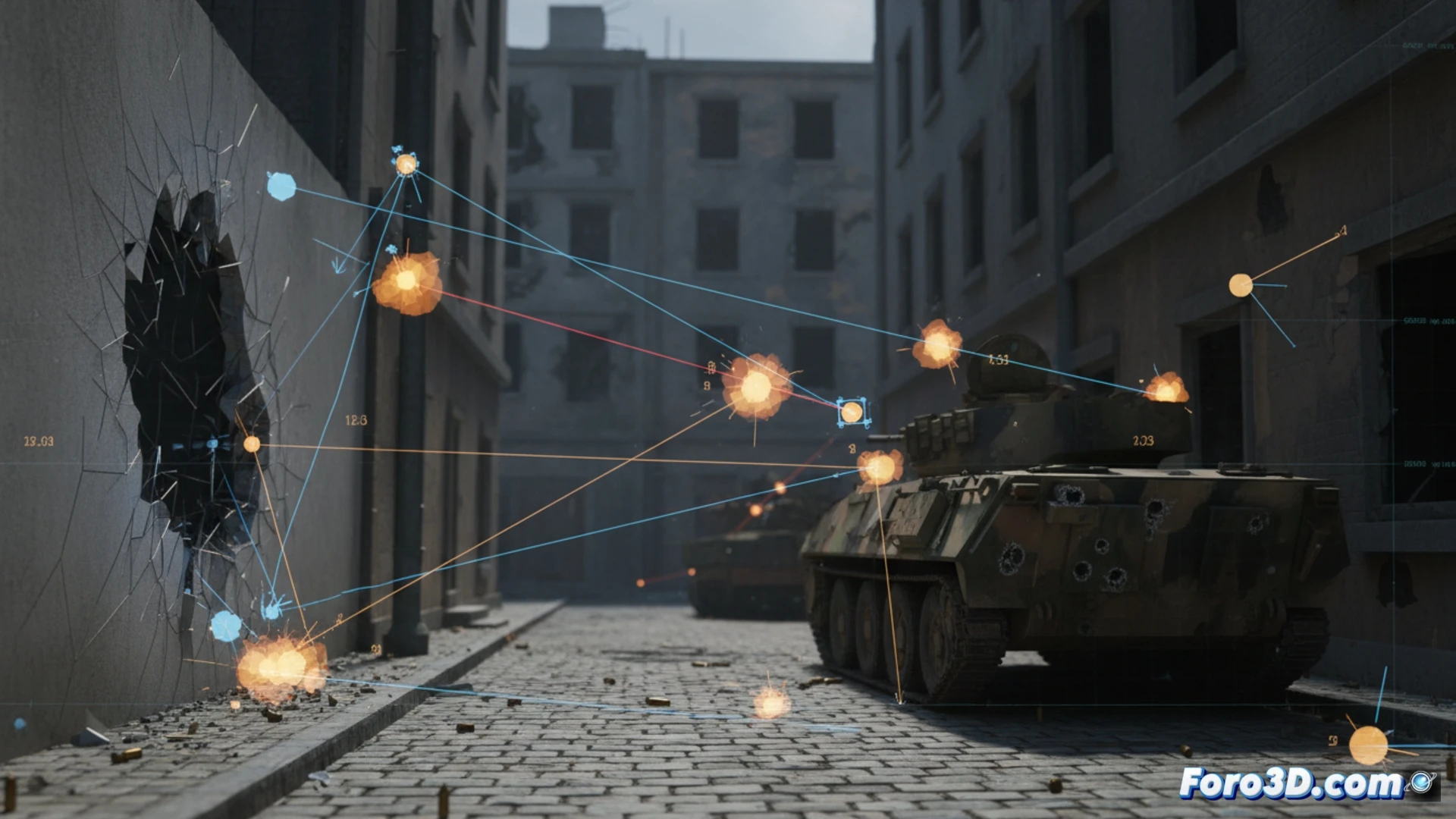 Simulación 3D de balística en callejón angosto con trayectoria de proyectil y fragmentación de impacto