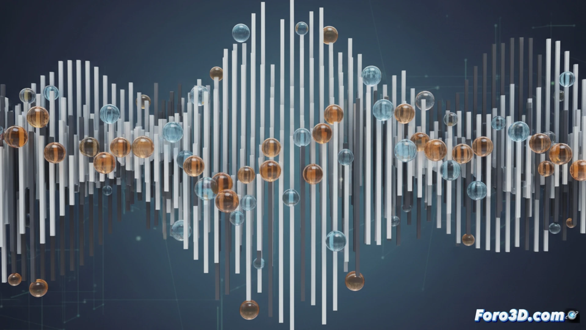 Blender workspace showing vertical metal bars with glowing spheres moving in precise wave patterns, Geometry Nodes node tree visible in background with connected nodes controlling timing and motion layers, minimalist composition with clean geometric shapes, bars casting soft shadows on grid floor, spheres bouncing rhythmically between bars with overlapping motion trails, technical illustration style, cool blue and gray color palette, sharp focus on dynamic movement, wireframe overlay highlighting procedural connections, cinematic studio lighting, photorealistic engineering visualization