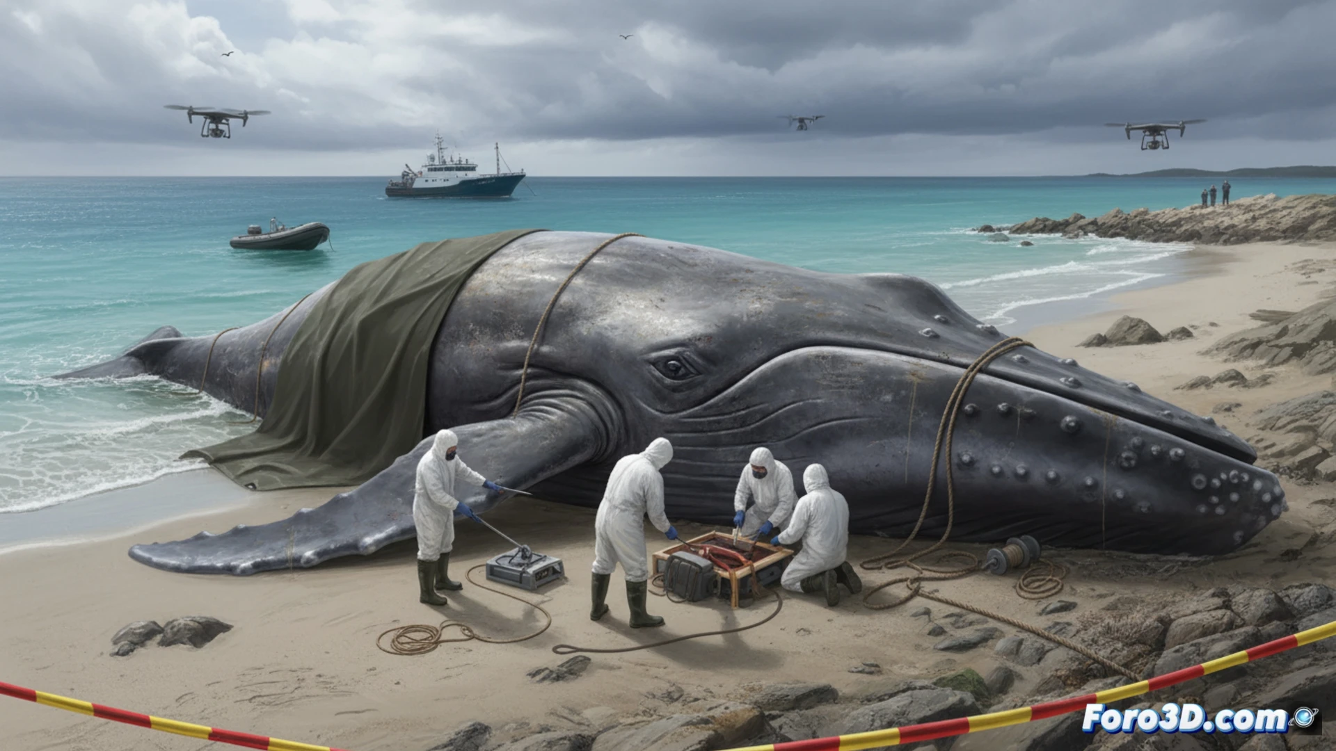 dead humpback whale being winched onto a Danish coastal slipway at Anholt island, marine biologists in protective suits and respirators preparing necropsy tools on a metal table, whale skin showing decomposition and bloating, yellow containment barriers around the scene, technical forensic documentation setup with cameras and sampling equipment, overcast Nordic sky, low-angle cinematic shot emphasizing scale and urgency, photorealistic medical-forensic visualization style