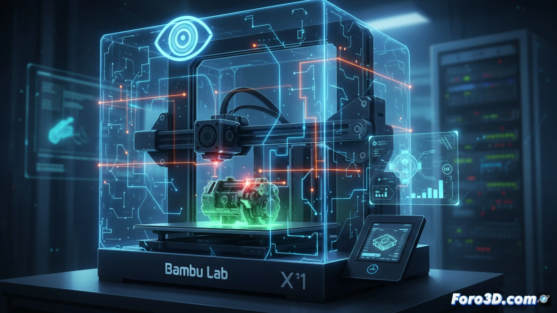 Bambu Lab X1 Carbon printer mid-print detecting a layer shift in real time, extruder nozzle paused above a complex geometric prototype, camera sensor scanning the print surface with glowing laser grid, error highlight projected onto the warped layer in translucent red, spool of carbon fiber filament feeding into the toolhead, build plate with textured PEI surface, internal LED lighting casting sharp shadows, fan ducts visible, sleek black enclosure with tempered glass door slightly ajar, cinematic engineering visualization, photorealistic industrial render, dramatic side lighting emphasizing mechanical precision, ultra-detailed hardware components