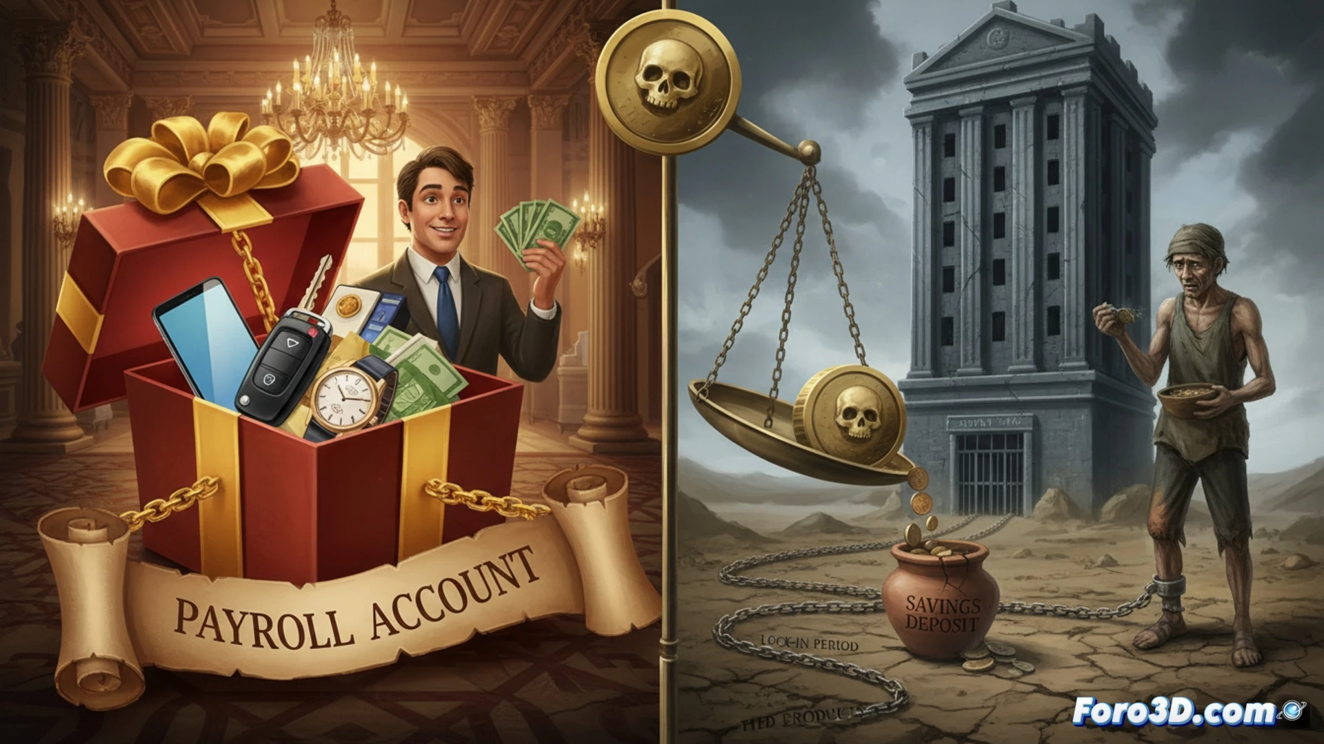 photorealistic cinematic scene of a smiling banker handing a luxury smartwatch to a customer signing a payroll contract, while behind them a glowing holographic deposit screen shows 0.01 percent interest rate in red, the smartwatch price tag visible on a receipt next to a locked savings account icon, dramatic spotlight on the unequal exchange, polished marble bank interior, ultra-detailed reflections on glass desk, technical financial visualization, high-contrast lighting emphasizing the seduction trap