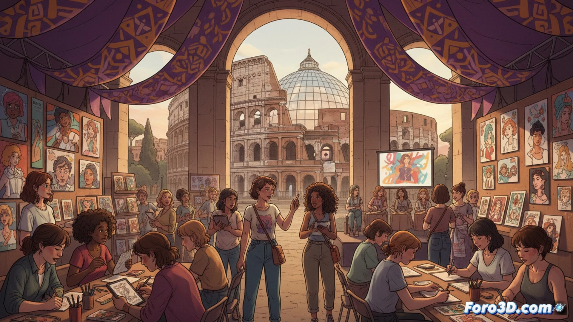 grupo diverso de ilustradoras feministas dibujando en mesas compartidas durante un taller de cómic, manos sosteniendo lápices y tabletas gráficas, una artista digital ajustando capas en una pantalla de software de dibujo, bocetos de personajes femeninos empoderados sobre papeles y monitores, exposición de paneles colgados al fondo, luz natural entrando por ventanas amplias, ambiente colaborativo y creativo, estilo cinematográfico con enfoque nítido en herramientas técnicas, colores vibrantes y cálidos, textura de papel y brillo de pantallas, photorealistic technical illustration