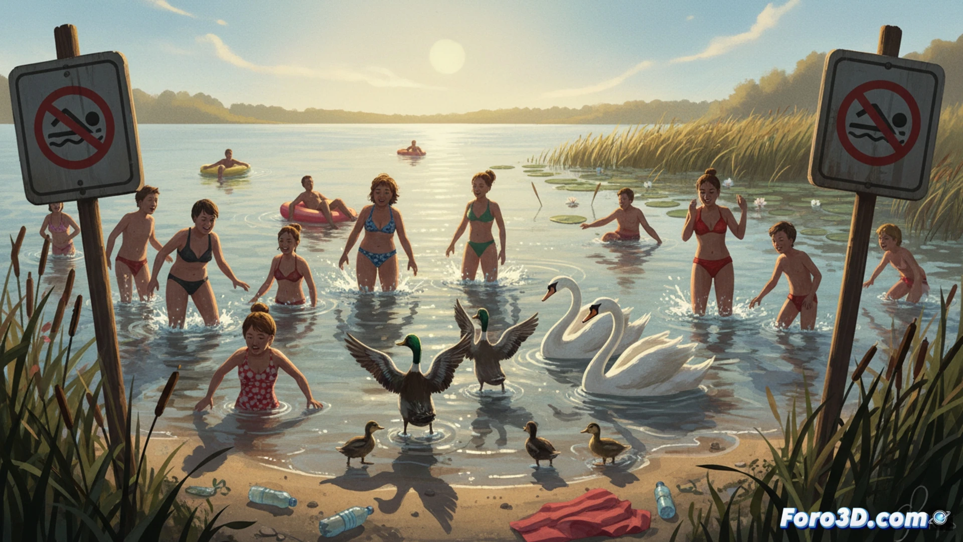 photorealistic scene of a sunlit lake during heatwave, swimmers ignoring warning signs and entering water, ducks and swans disturbed and fleeing from splashing humans, water ripples and foam around intruders, muddy banks trampled, aquatic plants floating broken, dramatic contrast between relaxed humans and stressed birds, cinematic wide-angle shot, harsh summer sunlight reflecting on water, detailed bird feathers and human skin, environmental tension visible, ultra-high resolution technical illustration style, no text or symbols in image