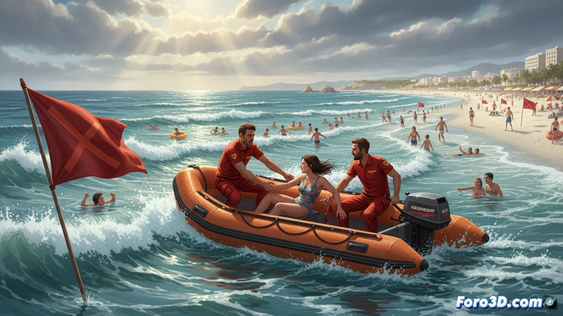 socorrista en zodiac naranja surcando olas rompientes hacia un bañista con bandera roja ondeando en poste de playa, bañistas ignorando advertencias en primer plano, motor fueraborda con chorro de agua, equipo de rescate visible (chaleco salvavidas, remo, boya torpedo), arena mojada y espuma blanca, nubes tormentosas en horizonte, estilo cinematográfico fotorrealista, iluminación dramática de atardecer, acción dinámica mostrando el momento de rescate durante una fuerte corriente de resaca