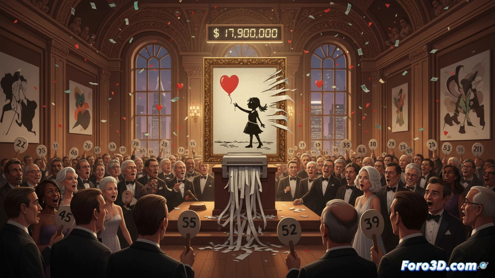 Banksy Niña con globo painting being hammered down at auction in New York, auctioneer raising gavel mid-strike while digital bid display shows rising numbers, spotlights illuminating canvas on easel, auction house crowd watching intently, cinematic technical illustration style, dramatic chiaroscuro lighting on canvas texture and paint splatters, photorealistic render of auction room with polished wood podium and velvet ropes, motion blur on gavel and bidding paddles, ultra-detailed canvas grain and spray paint drips