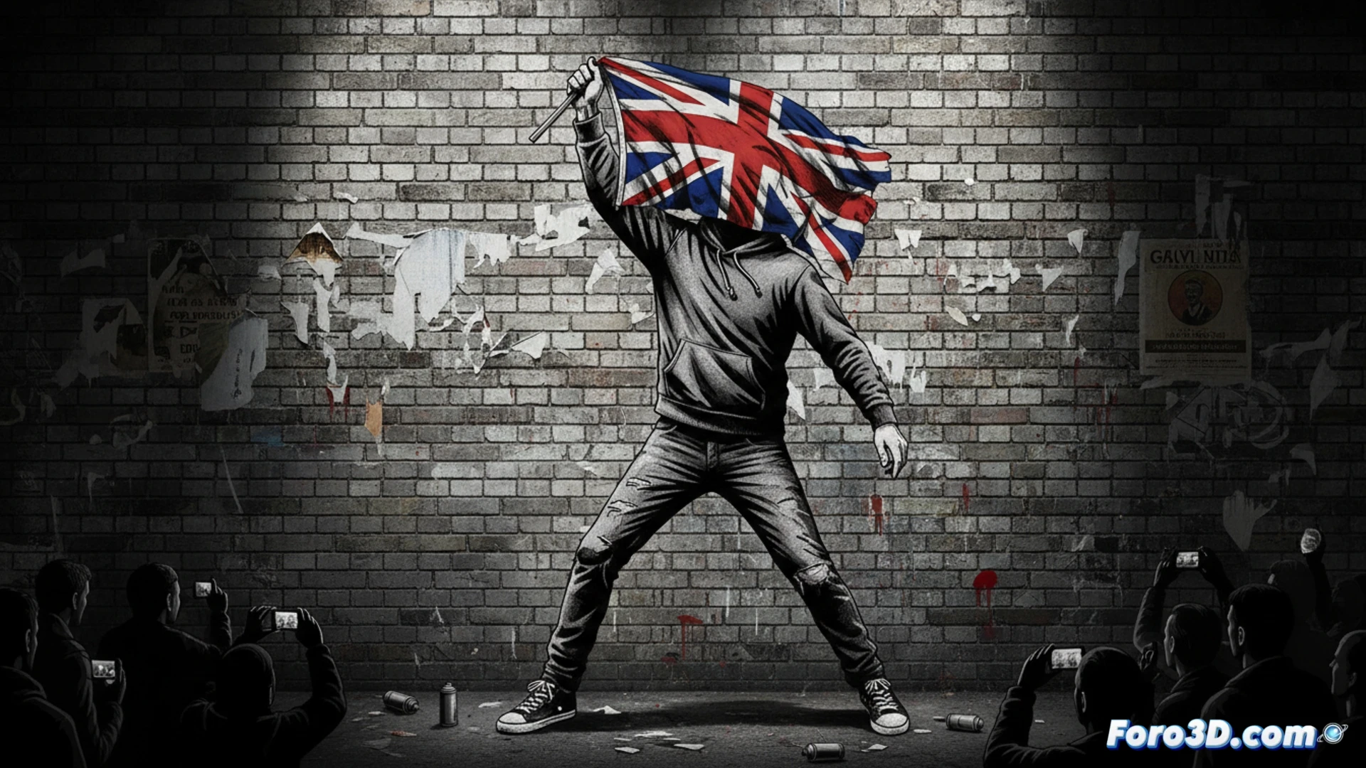 Banksy schlägt erneut zu mit einer Fahne, die Gesichter verdeckt