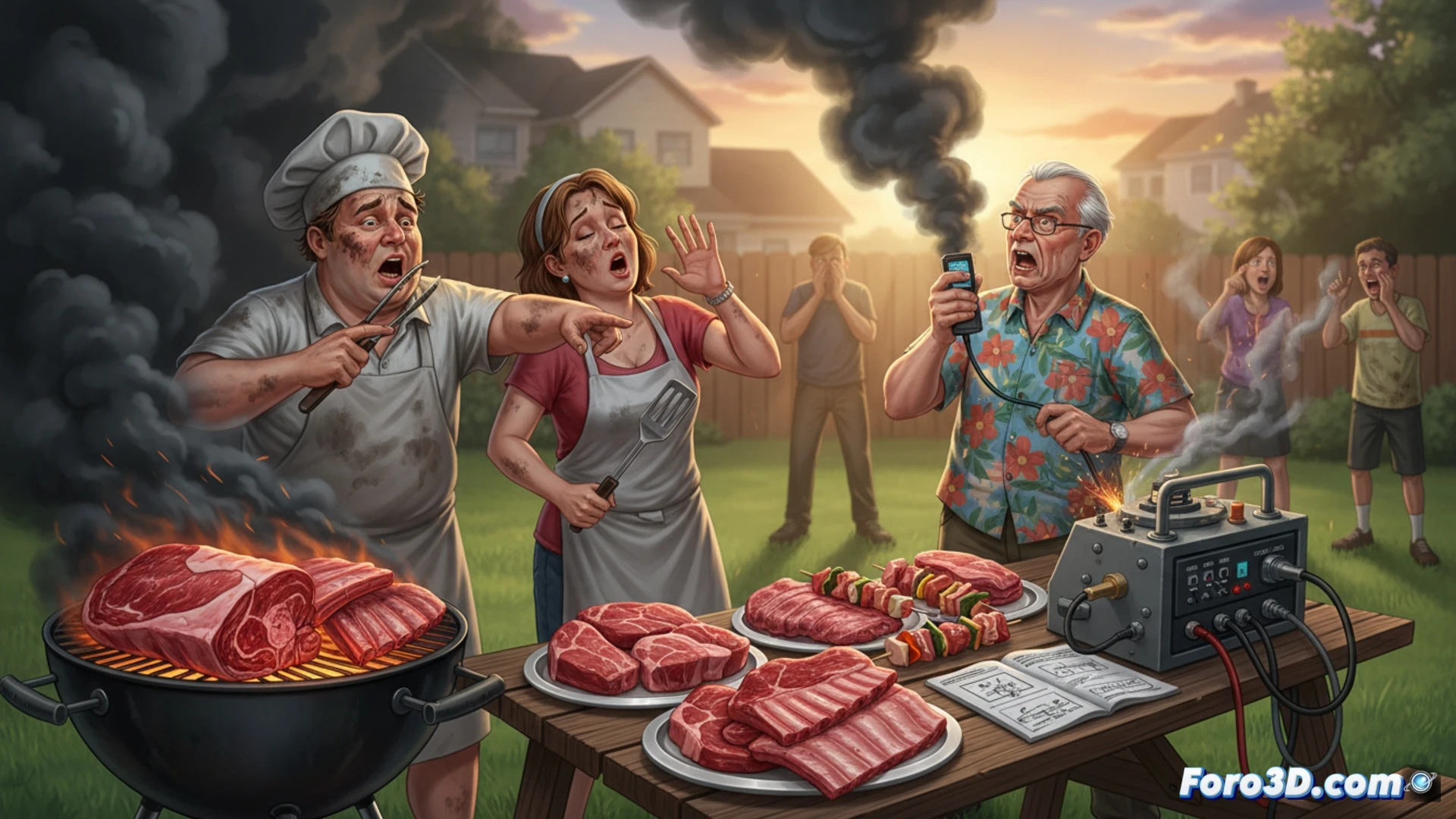 suburban backyard barbecue scene, charcoal grill emitting thick grey smoke drifting toward neighboring terraces, raw steak on grill grate with charred exterior and raw red center visible through cross-section, digital thermometer showing internal temperature discrepancy, smoke particles causing neighbor to cough while holding a plate, cinematic photorealistic engineering visualization, dramatic golden hour lighting, steam and smoke dynamics with visible particle flow, detailed grill mechanics with glowing embers, realistic meat texture and thermal gradient, ultra-detailed suburban summer setting