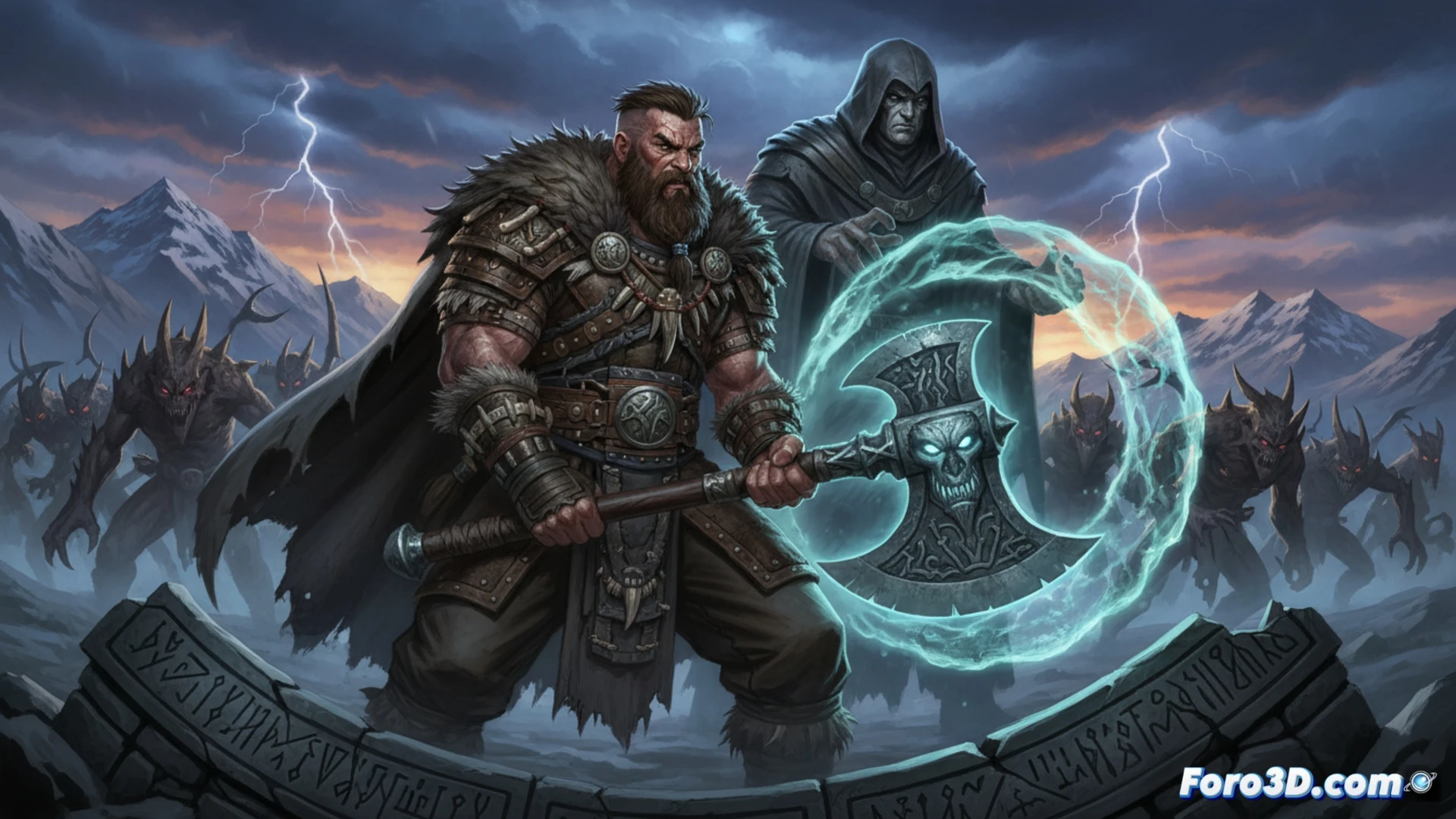 barbarian warrior gripping a sentient battle axe mid-swing, axe blade glowing with cursed runes while splitting a demonic creature in a dark forest clearing, sparks flying from the impact, leather armor straps and metal rivets visible, cinematic fantasy illustration, dramatic side lighting from the axe glow, motion blur on the swing arc, photorealistic texturing on the axe head and chainmail, dark atmosphere with mist and falling leaves, ultra-detailed weapon damage and creature claws, heroic tense action pose, epic storytelling render