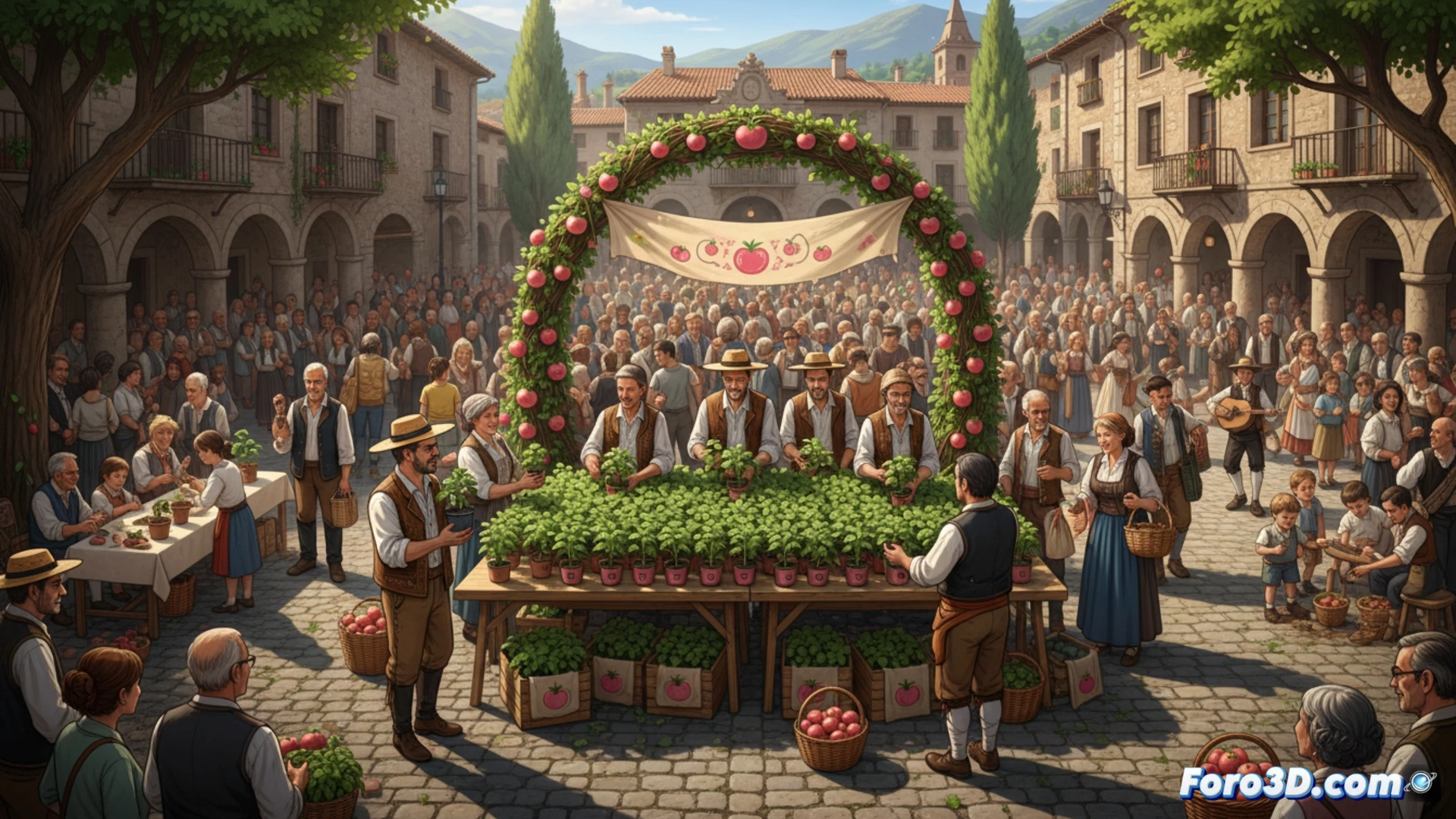 Plaza del Mercado de Barbastro llena de vecinos recibiendo 2.000 plantas de tomate rosa en la Fiesta del Plantero, con talleres infantiles y ambiente festivo.