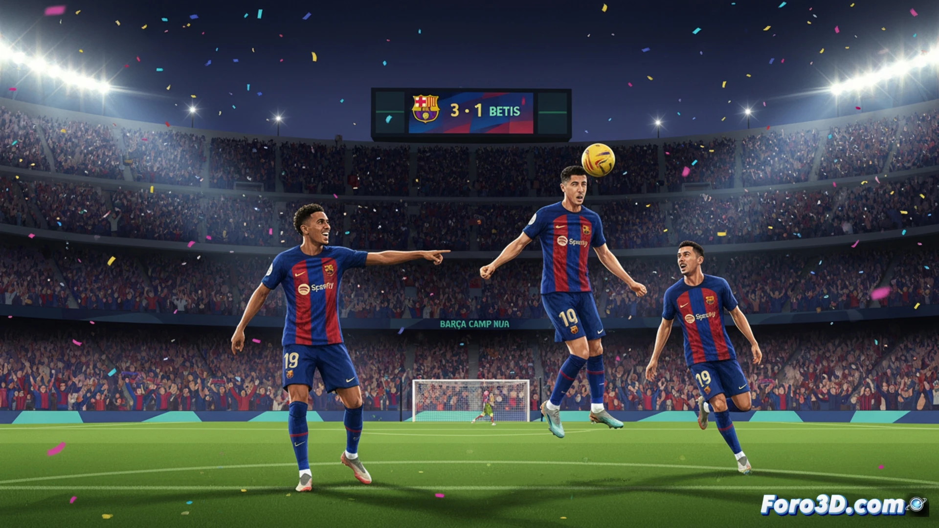 Estilo cinematográfico deportivo, vista aérea del Spotify Camp Nou lleno, jugadores del Barça celebrando tras un gol, balón entrando en la portería del Betis, marcador luminoso mostrando 3-1 en el estadio, afición con banderas azulgranas ondeando, césped perfectamente cortado, luces del estadio iluminando el campo, acción dinámica del partido en vivo, jugadores en movimiento mientras el Betis presiona, fotorealismo técnico, iluminación dramática de estadio, profundidad de campo, colores vibrantes, textura de césped y gradas detallada, renderización ultra realista