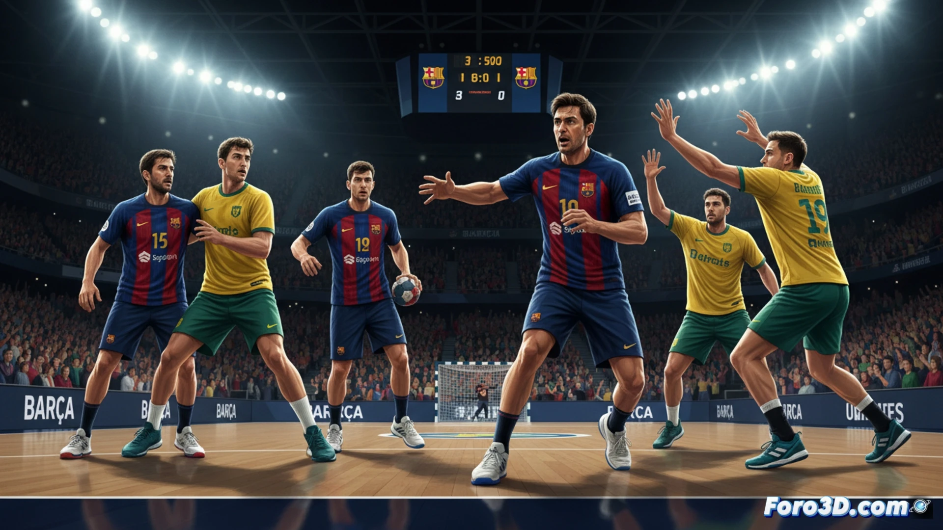 Jugadores del Barça de balonmano celebran un gol en Nantes, con Carlos Ortega dirigiendo desde el banquillo en busca de la octava Final Four.