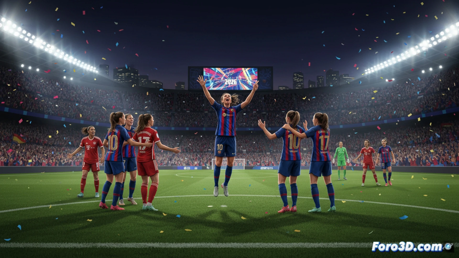 Descripción (80-120 caracteres):  
Celebración del Barça Femení en el Camp Nou tras vencer 4-2 al Bayern, clasificándose a la final de Champions 2026.