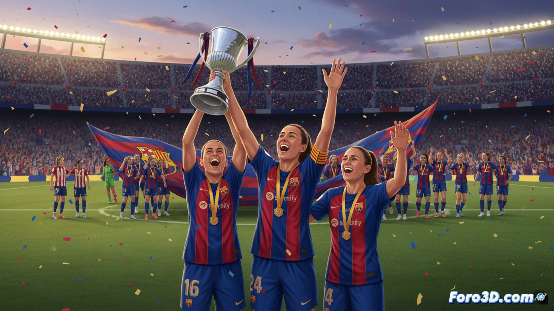 Jugadoras del Barça Femenino celebran con la Copa de la Reina 2026, abrazadas y con confeti azulgrana en el Estadio Gran Canaria.