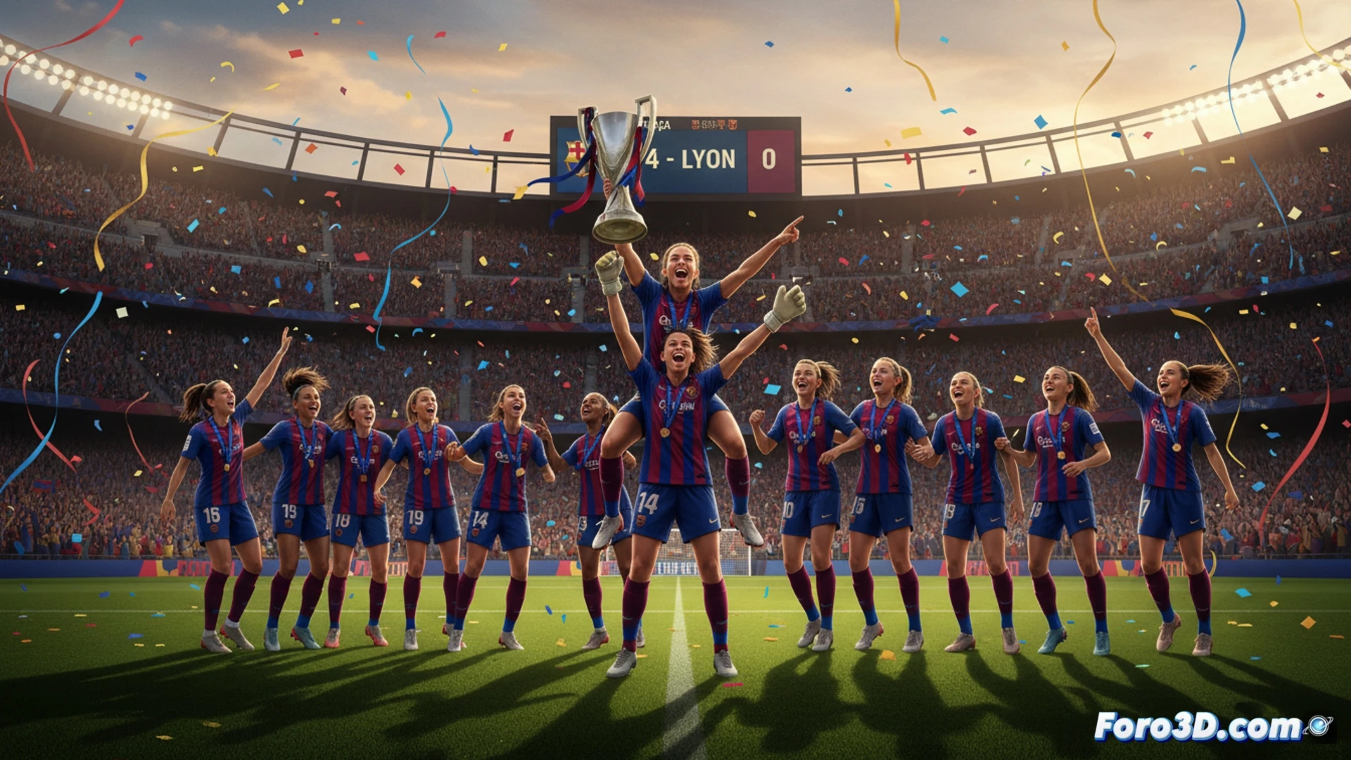 Barcelona femenino celebrando en el campo de fútbol de Oslo, cuatro jugadoras levantando el trofeo de la Champions League mientras confeti cae, Cata Coll en primer plano con guantes y camiseta azulgrana manchada de césped, Ewa Pajor y Salma Paralluelo corriendo juntas con brazos al cielo, marcador electrónico en segundo plano mostrando 4-0, estadio lleno con banderas azules y rojas, luces de estadio nocturno, photorealistic sports photography, acción congelada en el momento del pitido final, profundidad de campo, textura de césped y sudor visible, iluminación dramática de reflectores, estilo cinematográfico de alta definición.
