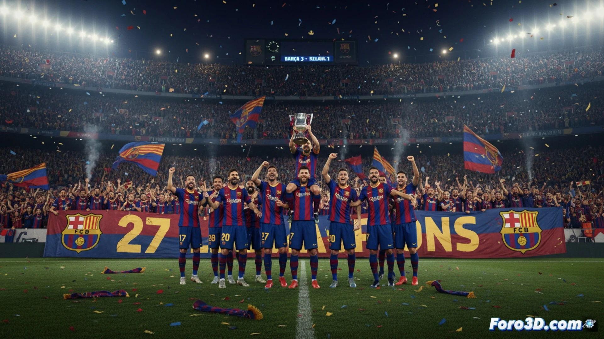 Jugadores del Barça alzan el trofeo en el Camp Nou, con afición eufórica y confeti azulgrana.