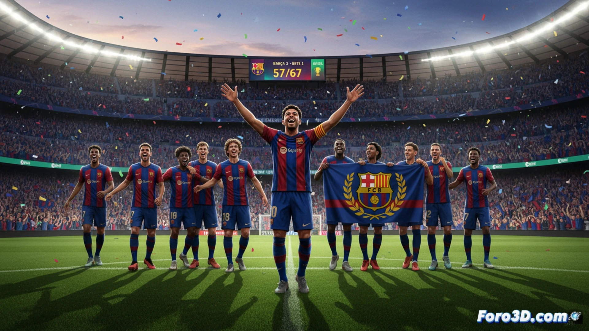 photorealistic cinematic scene of Camp Nou stadium interior during a night match, Barcelona players celebrating a goal against Real Betis, green pitch with perfect grass lines, full stadium stands illuminated by floodlights, scoreboard showing 3-1 in background, Hansi Flick on sideline raising fist, red and blue confetti falling, dramatic victory atmosphere, ultra-detailed architecture of renovated stadium, dynamic action shot of player sliding on knees, high contrast lighting with deep shadows, motion blur on running players, technical sports photography style, wide-angle lens perspective, realistic crowd textures, no text or numbers visible