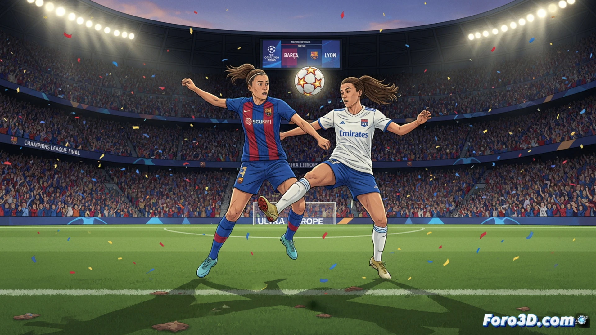 Two elite female footballers mid-action, one in blaugrana jersey sliding to intercept, another in Lyon white jersey striking the ball with laces, Champions League trophy glowing on a pedestal in background, Oslo Ullevaal Stadium packed stands, dynamic motion blur on legs, sweat droplets frozen mid-air, photorealistic sports photography style, dramatic floodlight beams cutting through evening haze, grass blades spraying from impact, intense eye contact between rivals, ultra-detailed jersey textures, cinematic depth of field, high-contrast golden hour lighting