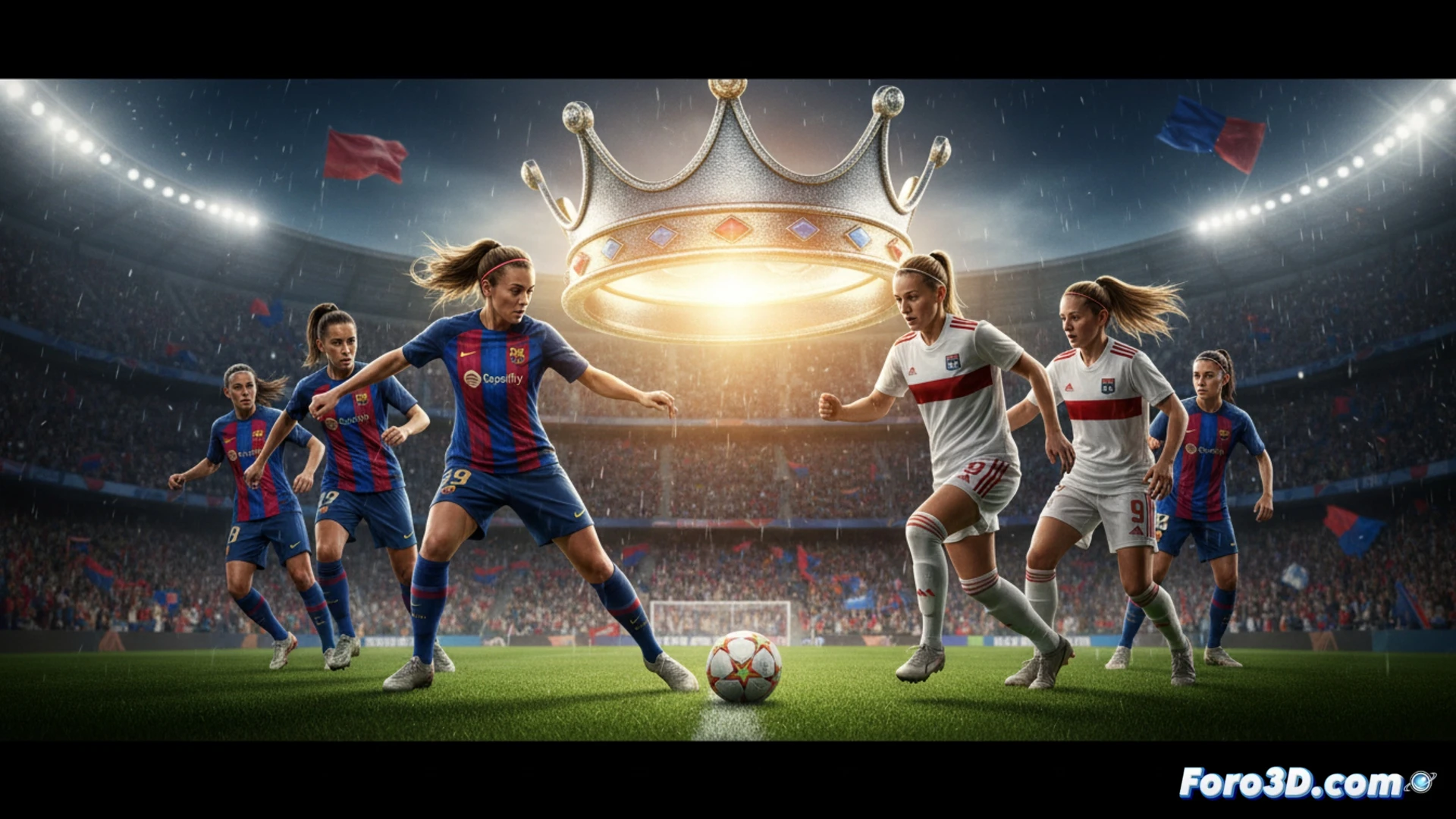 two elite female footballers in mid-air collision during aerial duel, FC Barcelona blaugrana striped jersey clashing with Olympique Lyon white red crest kit, ball suspended between their heads at peak jump, stadium floodlights casting dramatic shadows on lush grass pitch, Champions League star-adorned trophy pedestal visible in background mist, high-speed action frozen in time, sweat droplets catching light, dynamic muscle tension in legs and arms, cinematic photorealistic sports photography, shallow depth of field blurring distant stands packed with flags, 4K ultra-detailed fabric texture, dramatic golden hour sunset glow from stadium opening