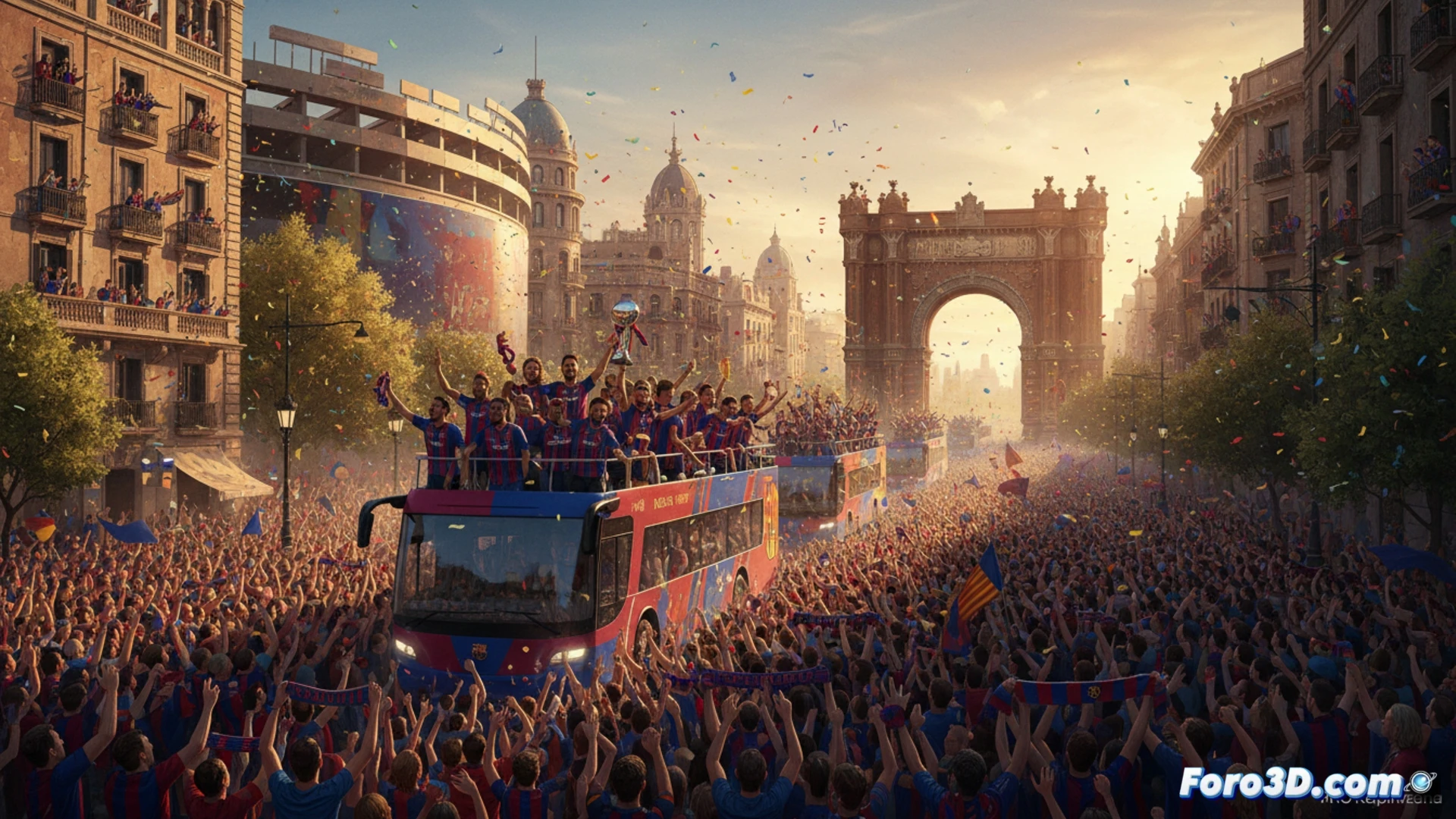 Una multitud blaugrana celebra con camisetas y banderas en una rúa desde el Camp Nou hasta el Arco de Triunfo en Barcelona.