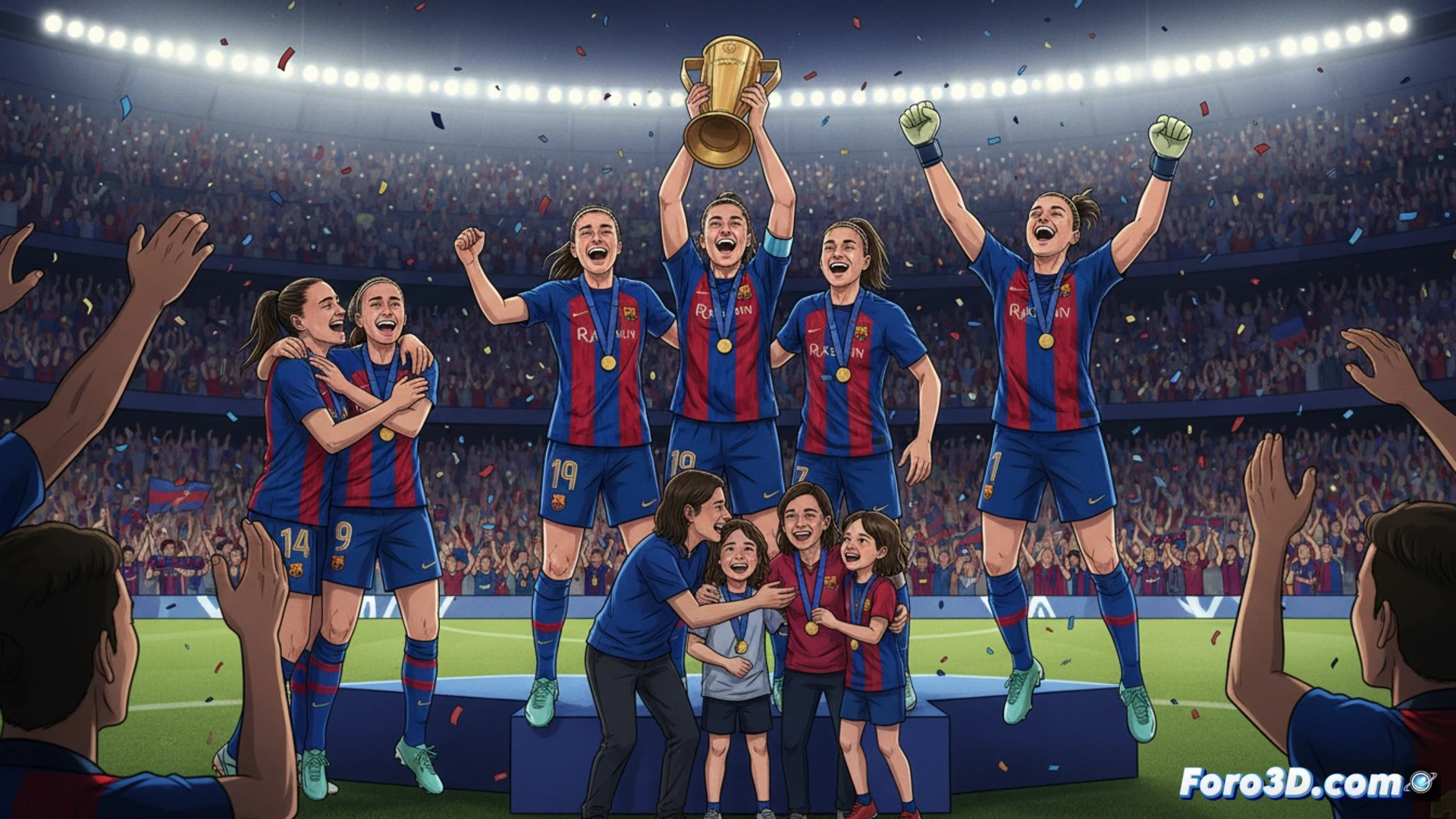 Barcelona Femenino team celebrating on pitch, Ewa Pajor crying while holding match ball, Cata Coll embracing teammates with Champions League trophy visible, Alexia Putellas and Marta Torrejón lifting golden trophy together, Carles Puyol cheering from stands, coach Pere Romeu hugging his family near sideline, confetti falling under floodlights, photorealistic cinematic sports photography, dramatic emotional lighting, deep blue and red team colors, intense joy and tears visible on faces, ultra-detailed crowd background, motion blur on confetti, realistic stadium atmosphere, high-end cinematic render