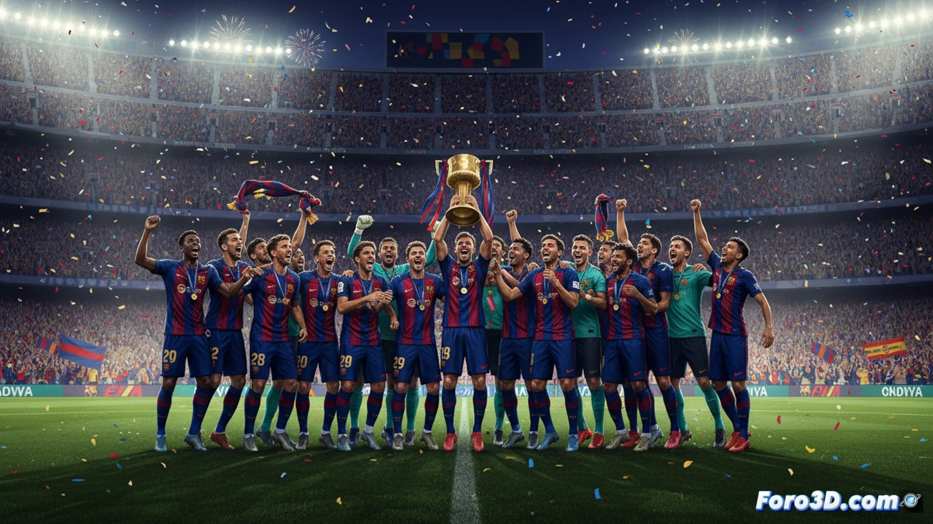 Descripción detallada:  
Jugadores del Barcelona celebran el título de La Liga 29 en el Camp Nou, con un marcador 2-0 ante el Real Madrid y afición eufórica de fondo.