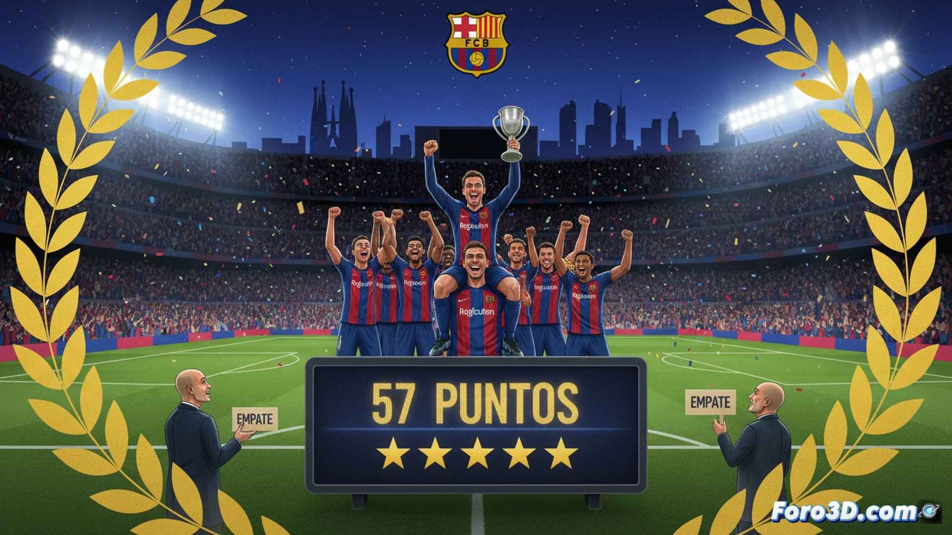 Barcelona football stadium pitch at night, dramatic floodlights illuminating empty stands, a glowing holographic bar graph rising above the centre circle showing 57 points with a broken record line underneath, a digital scoreboard displaying 19 wins zero draws, a single red error marker fading near the Villarreal badge on a tactical tablet, photorealistic sports data visualization, ultra-wide cinematic lens, deep blue and burgundy lighting, motion-blurred confetti particles falling, technical illustration style