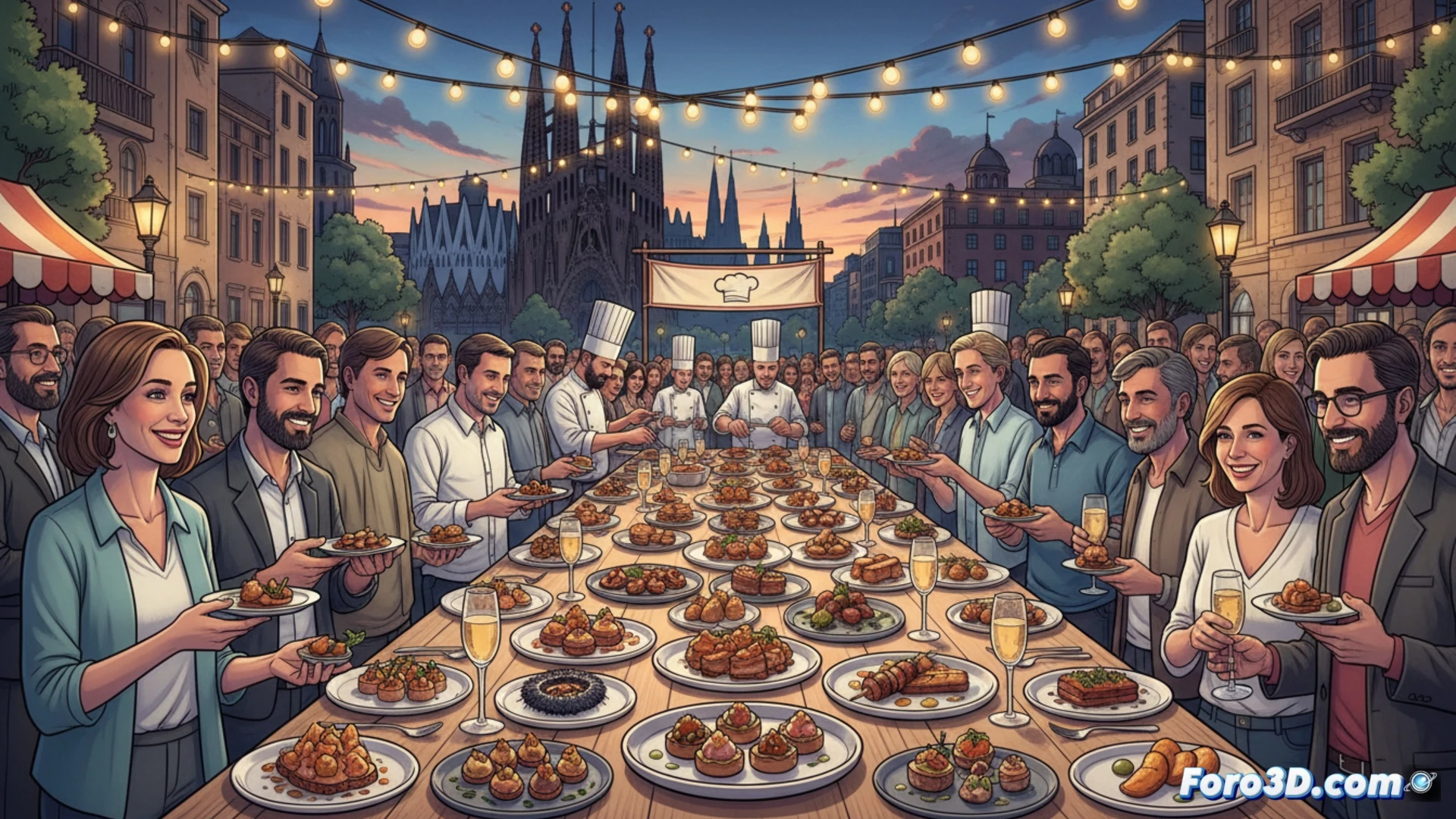 Barcelona gastronomic fair scene, chef in white uniform placing a miniature haute cuisine tapa on a slate plate, steam rising from a molecular gastronomy sphere, sous-chef using a blowtorch to caramelize a foie gras cube, copper pots and digital thermometers on a stainless steel counter, interactive cooking workshop in background with attendees tasting from small ceramic spoons, cinematic photorealistic style, warm amber lighting from hanging lamps, blurred crowd of food enthusiasts in background, wooden tables with wine glasses and tapas plates, dramatic shadows highlighting textures of caramelized sugar and seared meat, ultra-detailed culinary presentation, festive and accessible atmosphere