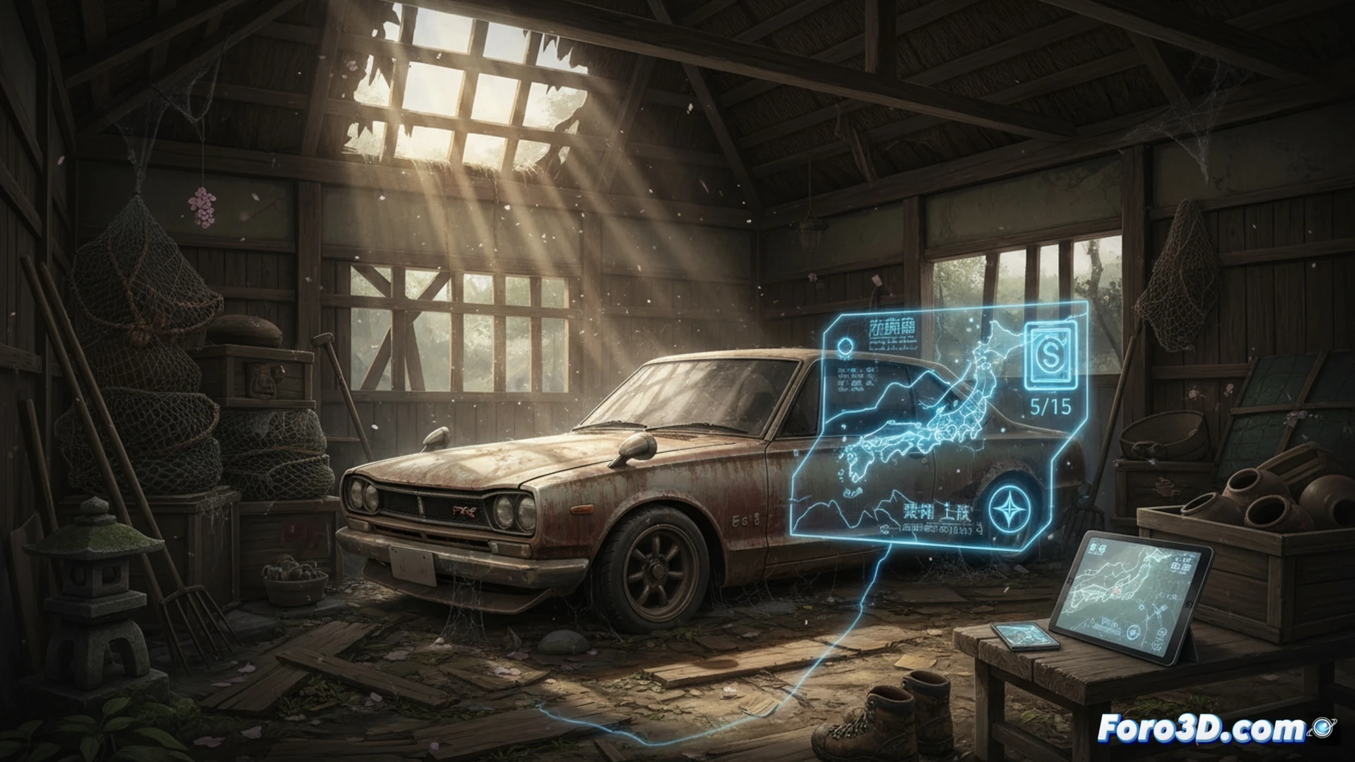 rusty barn interior in rural Japan, wooden structure collapsing slightly, dust particles floating in sunbeams, a classic 1990s Japanese sports car half-covered with a tarp, hood open revealing engine bay with cobwebs, dirt-caked tires on dirt floor, a glowing holographic map interface projected from a smartphone on the ground showing pin markers and progress bars, nearby a wrench and a stack of Sello coins with digital glow, cinematic photorealistic render, dramatic shadows, warm golden hour light entering through broken roof panels, ultra-detailed rust and patina textures, moody atmospheric lighting