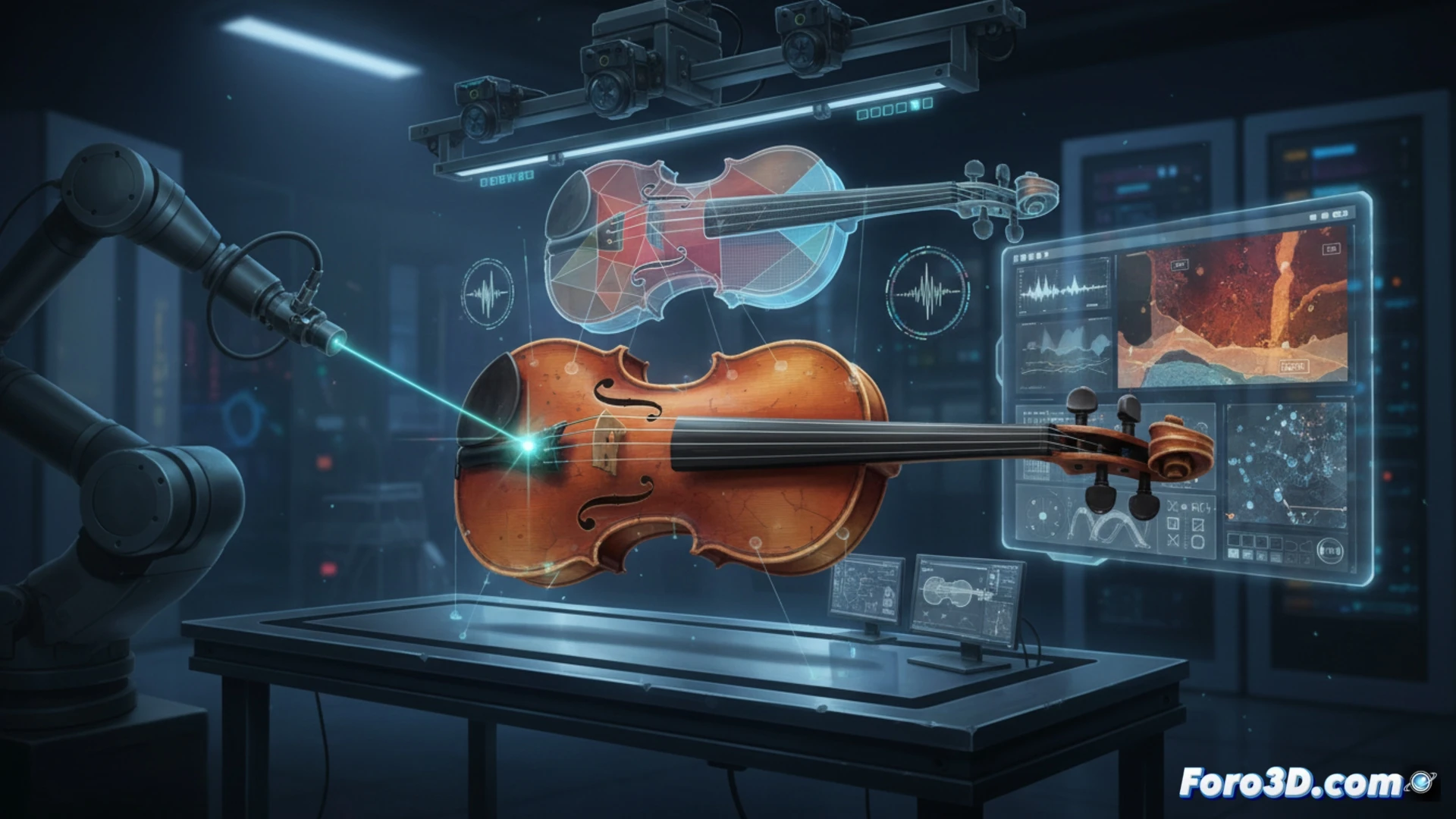Violín antiguo bajo escáner 3D con luz láser, análisis químico no invasivo del barniz