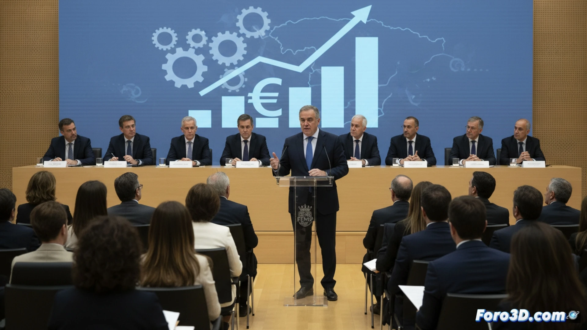 Marta Barrachina en un podio de la FEMP señalando un gráfico financiero desactualizado, con alcaldes y diputados observando, documentos presupuestarios desplegados sobre una mesa, un ordenador portátil mostrando una hoja de cálculo con cifras rojas, fondo de sala de juntas institucional, iluminación de plenario, estilo cinematográfico fotorrealista, acción de reclamo visible mientras un asistente sostiene un informe técnico, ambiente de negociación política, texturas de madera y pantallas LED, alta definición.