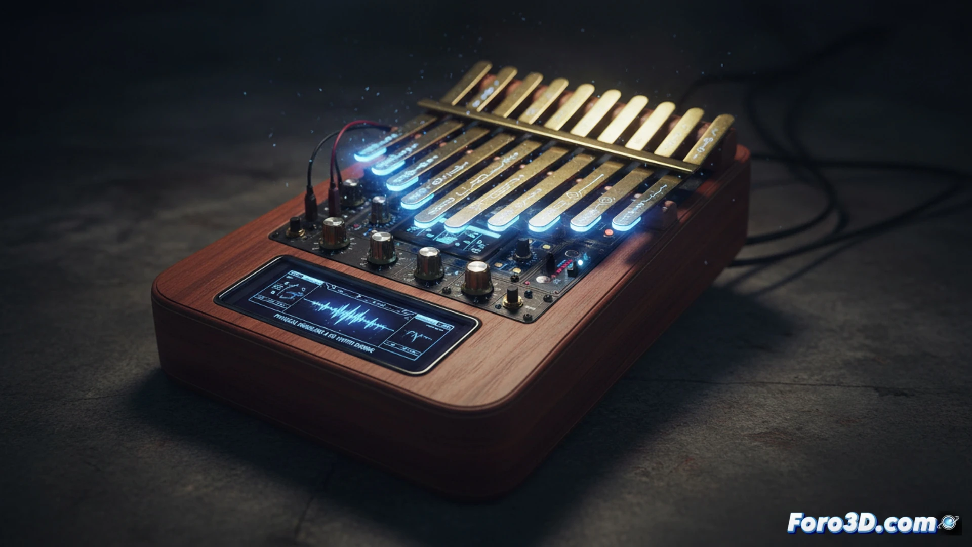 Una kalimba de madera con lengüetas metálicas emite ondas sonoras digitales; cables conectan su base a un sintetizador, fusionando lo orgánico con lo electrónico.
