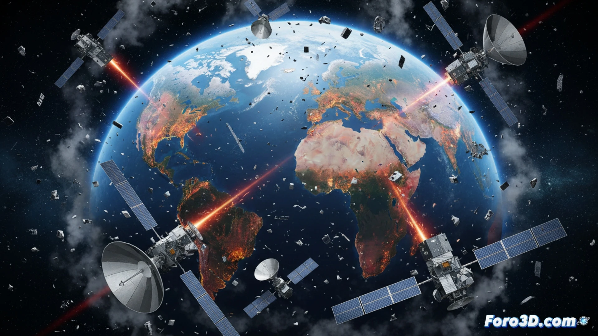 Satellite collision risk visualization, Aqua spacecraft with MODIS sensor orbiting Earth, a defunct rocket fragment approaching on collision trajectory while debris cloud passes nearby, glowing red impact trajectory lines, Earth surface showing active wildfire hotspots visible through atmosphere, cinematic engineering visualization, photorealistic satellite hull with detailed solar panels and thermal blankets, dramatic orbital lighting with Earths terminator shadow, high contrast space environment, ultra-detailed mechanical structures, motion blur on fast-moving debris, technical orbital mechanics render