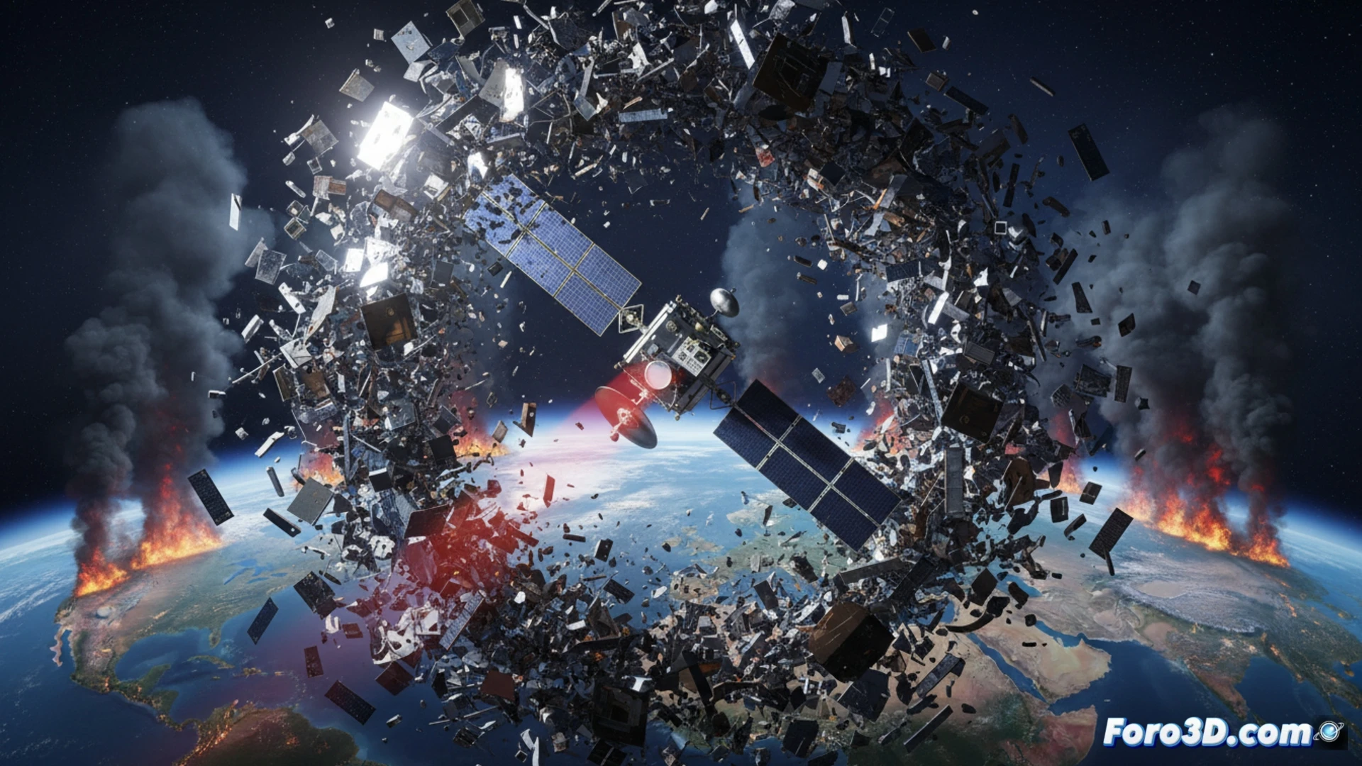satellite sensor MODIS being blinded by orbital debris, space junk fragments impacting infrared detection lens, tiny metallic particles scattering sunlight across the optical system, Earth surface with forest fire smoke visible below, glowing heat signatures disrupted by debris streaks, cinematic photorealistic space scene, high-contrast lighting, Earth curvature in background, debris field moving at high velocity, lens flare effects from micrometeoroid impacts, technical engineering visualization, ultra-detailed satellite components, dramatic orbital action