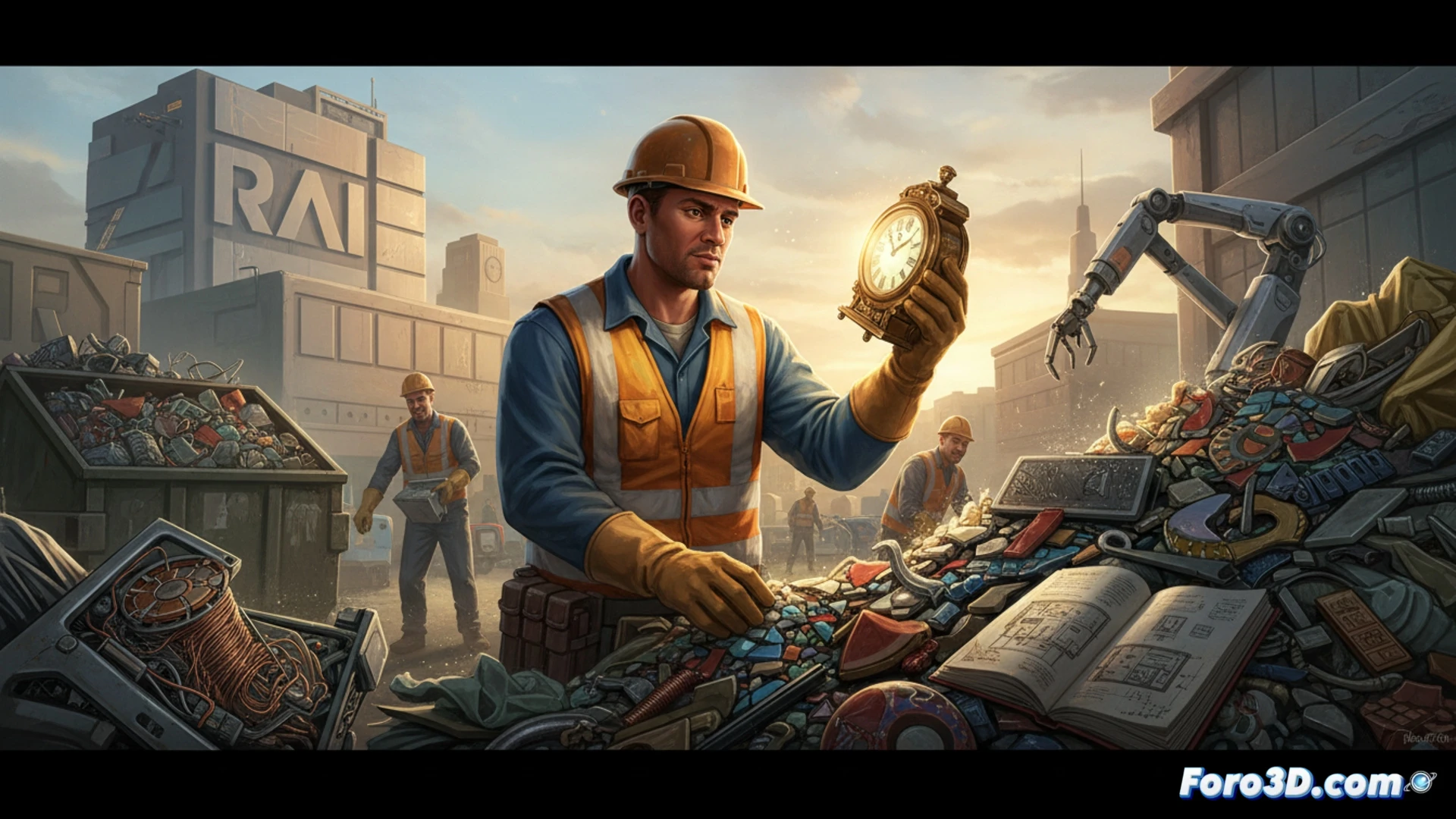 waste sorter wearing safety vest and gloves, hands sorting through mixed trash on conveyor belt, hidden recyclable materials being extracted, complex variety of objects in motion, barcode scanner and sensor array overhead analyzing items, industrial robotic arm paused mid-air, glowing digital overlay showing task variability and hidden value, realistic factory environment, warm gritty lighting, dust particles floating, photorealistic technical illustration, detailed textures of plastic metal and paper, human-robot collaboration scene