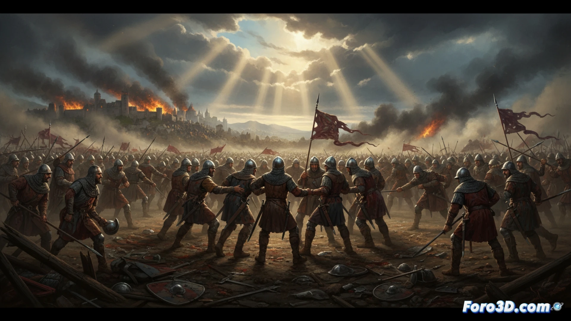 medieval battlefield 1525, soldiers in chaotic disarray as their commander falls from horse, authority collapsing, groups forming into spontaneous clusters, some fighting others negotiating, animated film style with painterly textures, cinematic wide shot, dynamic action, dust clouds and mud, torn banners, discarded weapons, human figures showing fear and confusion, dramatic chiaroscuro lighting, rich earth tones, detailed period armor and clothing, motion blur on fleeing soldiers, cinematic animation aesthetic, photorealistic character details