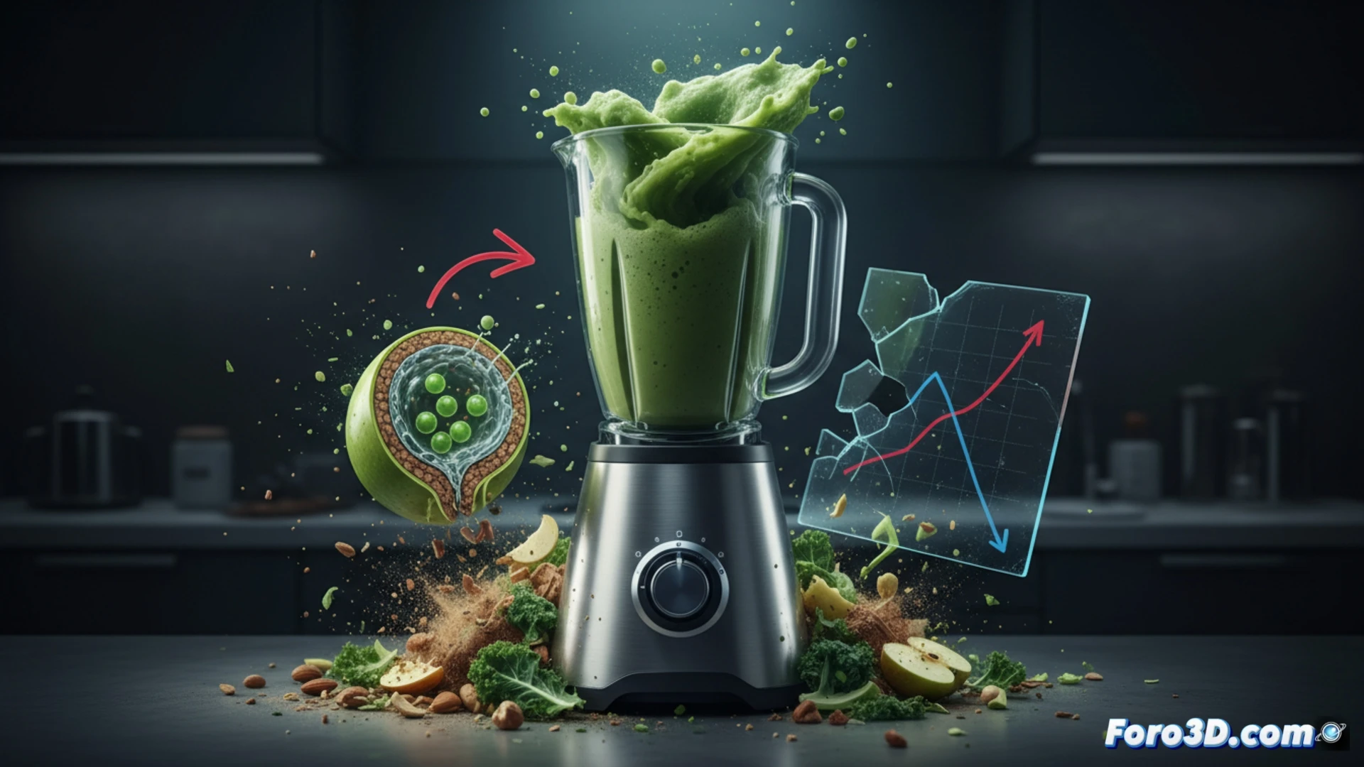 Batidora de alta potencia triturando frutas y verduras en un vaso transparente con fondo blanco