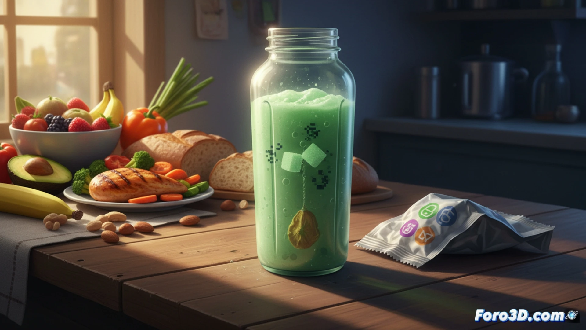 Botella de batido sustitutivo junto a plato con verduras y fruta fresca, comparación visual nutricional
