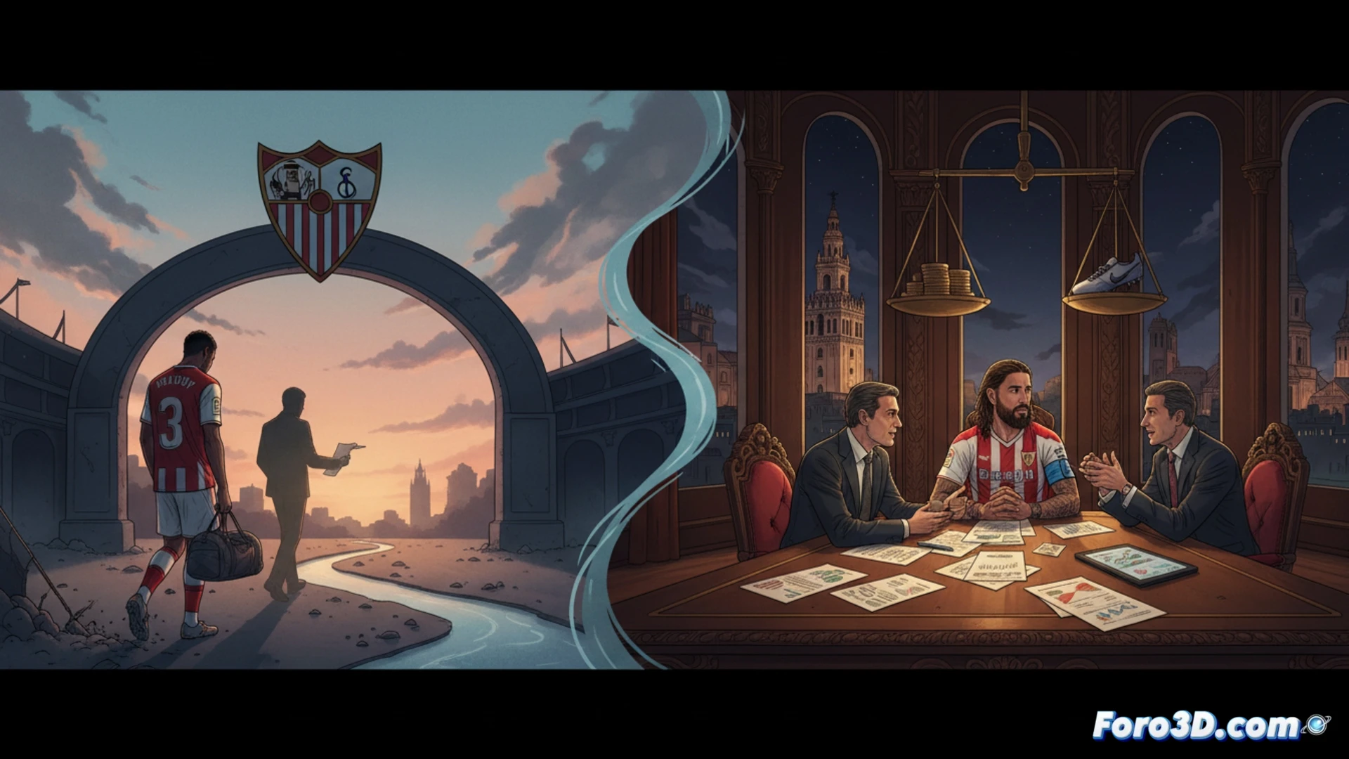 Sevilla FC executive office meeting, two silhouetted figures across a polished wooden table, one holding a contract document with a pen, the other gesturing toward a laptop screen showing a football player transfer database, financial spreadsheet graphs visible on the monitor, club crest on the wall, tense negotiation atmosphere, photorealistic corporate visualization, dramatic overhead lighting casting shadows, leather chairs, scattered tactical formation papers, deep red and white club colors, hyper-detailed textures on documents and devices, cinematic composition with shallow depth of field