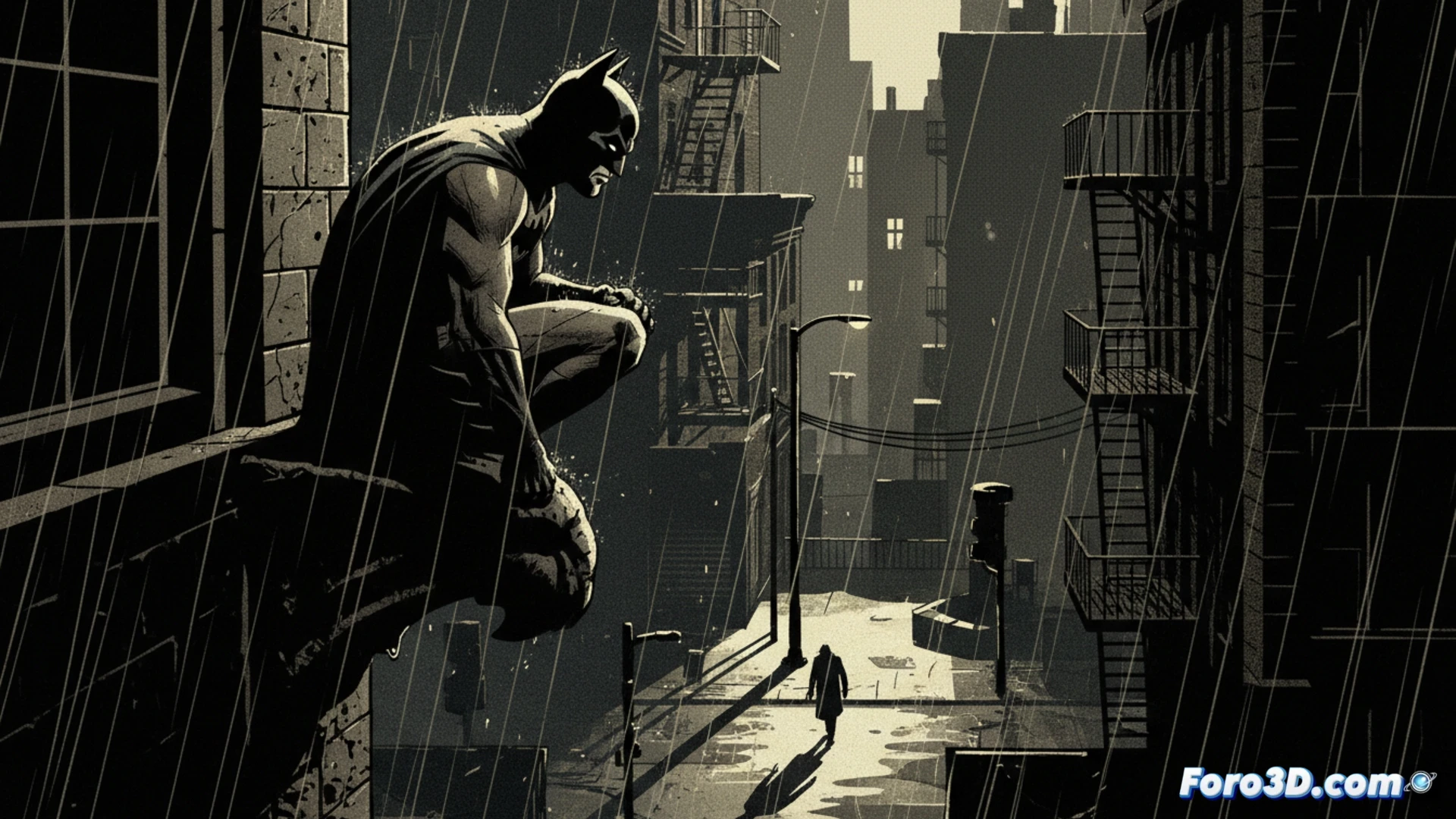 Viñeta de Batman Año Uno con silueta oscura y lluvia, iluminación de farola creando sombras duras