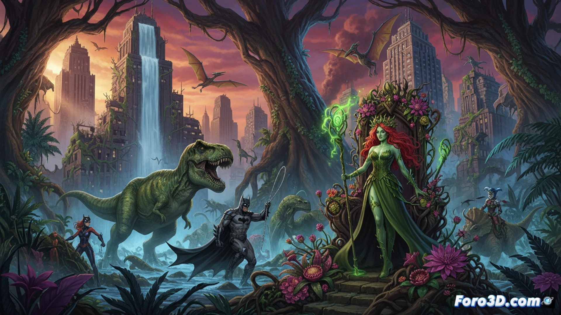 Gotham City skyline overgrown with giant prehistoric ferns and carnivorous vines, Poison Ivy standing on a ruined skyscraper, green energy waves radiating from her hands, Batgirl grappling through dense jungle foliage, Catwoman dodging snapping plant jaws, Harley Quinn swinging a bat at a giant Venus flytrap, dark storm clouds with bioluminescent spores floating, cinematic comic book style, dramatic shadows, glowing neon green accents, ultra-detailed plant textures, photorealistic digital painting, action-packed chaos during a long night of survival