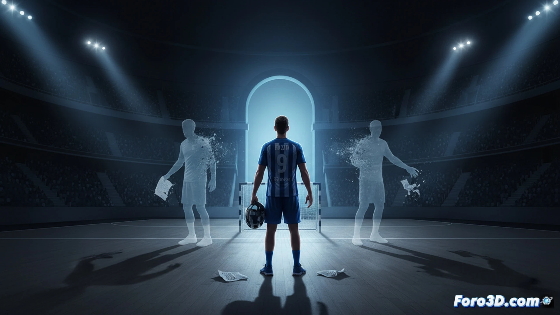 handball pivot player in blue-and-red jersey executing a powerful jump shot during a match, ball leaving fingertips with spin, empty seats in background Palau Blaugrana, three silhouettes of departing players fading out behind him, motion blur on ball trajectory, realistic sports photography style, dramatic arena lighting, sweat droplets visible, tense facial expression, photorealistic technical render, dynamic action frozen mid-flight