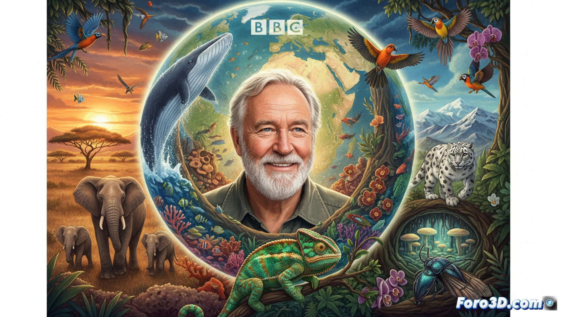 Un primer plano de David Attenborough, con su característica chaqueta de campo, sonríe ante un fondo de selva digital. Sobre él, el texto BBC y el número 100 celebran su centenario en la pantalla.