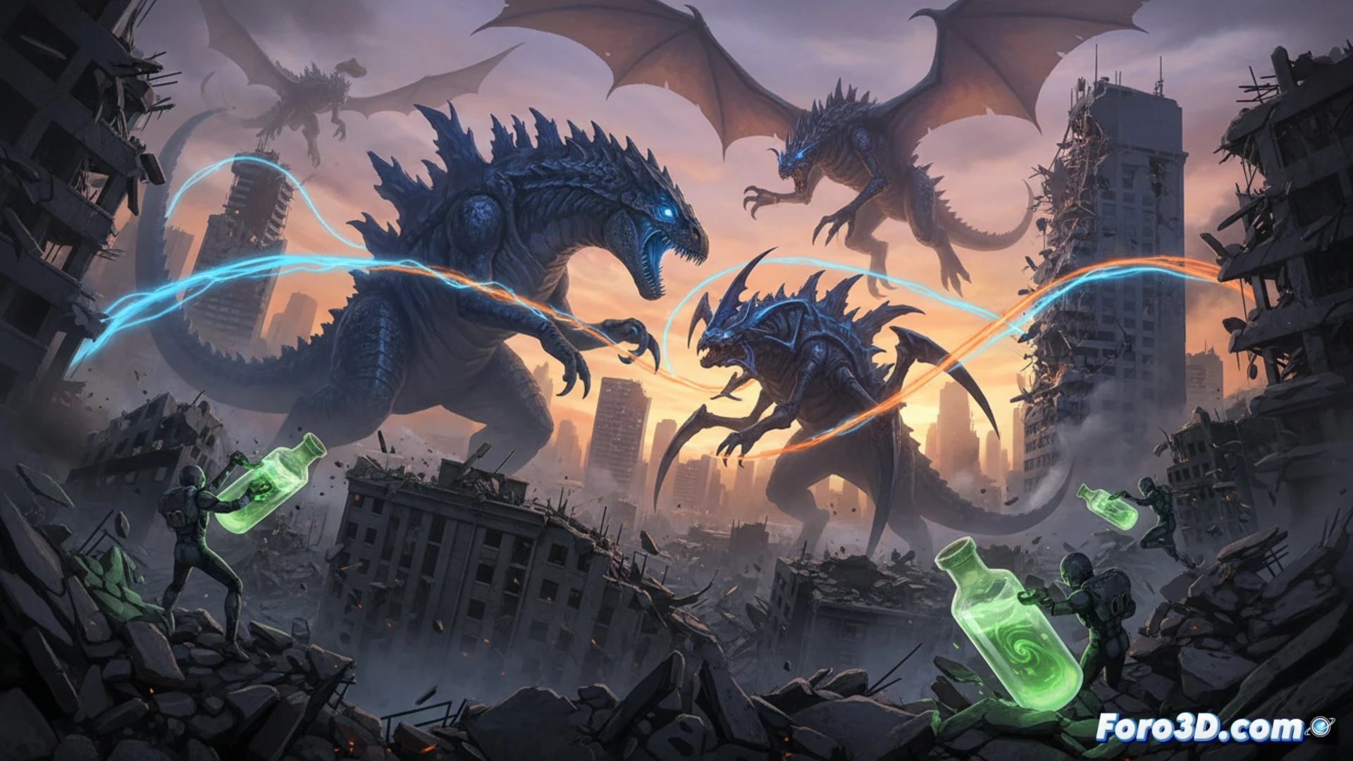 Kaijus gigantes luchan en una ciudad en ruinas, con fortalezas humanas y sueros brillantes bajo un cielo tormentoso.