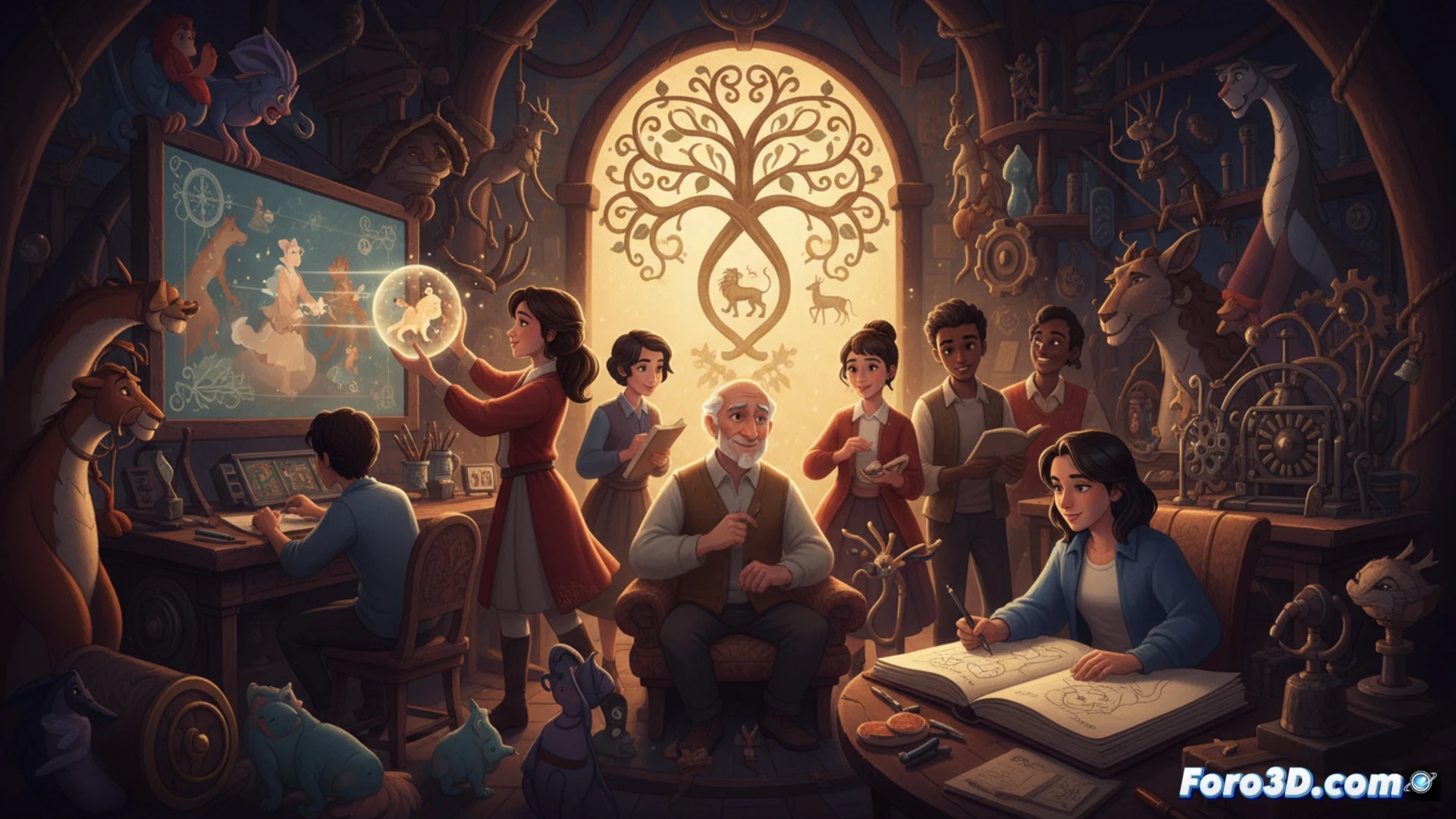 young animator sketching storyboard frames at a digital tablet, mentor figures like Timothy Rice and John Musker visible as blurred holographic projections offering guidance, software interface showing layered animation sequences and script notes, glowing pencil tool selecting character poses, cinematic technical illustration style, warm studio lighting with blue accent tones, wooden desk scattered with printed libretto pages and reference sheets, monitor displaying split-screen of storyboard panels and 3D character rigging, photorealistic render with subtle film grain, creative process atmosphere, hands actively drawing while mentor holograms demonstrate movement arcs