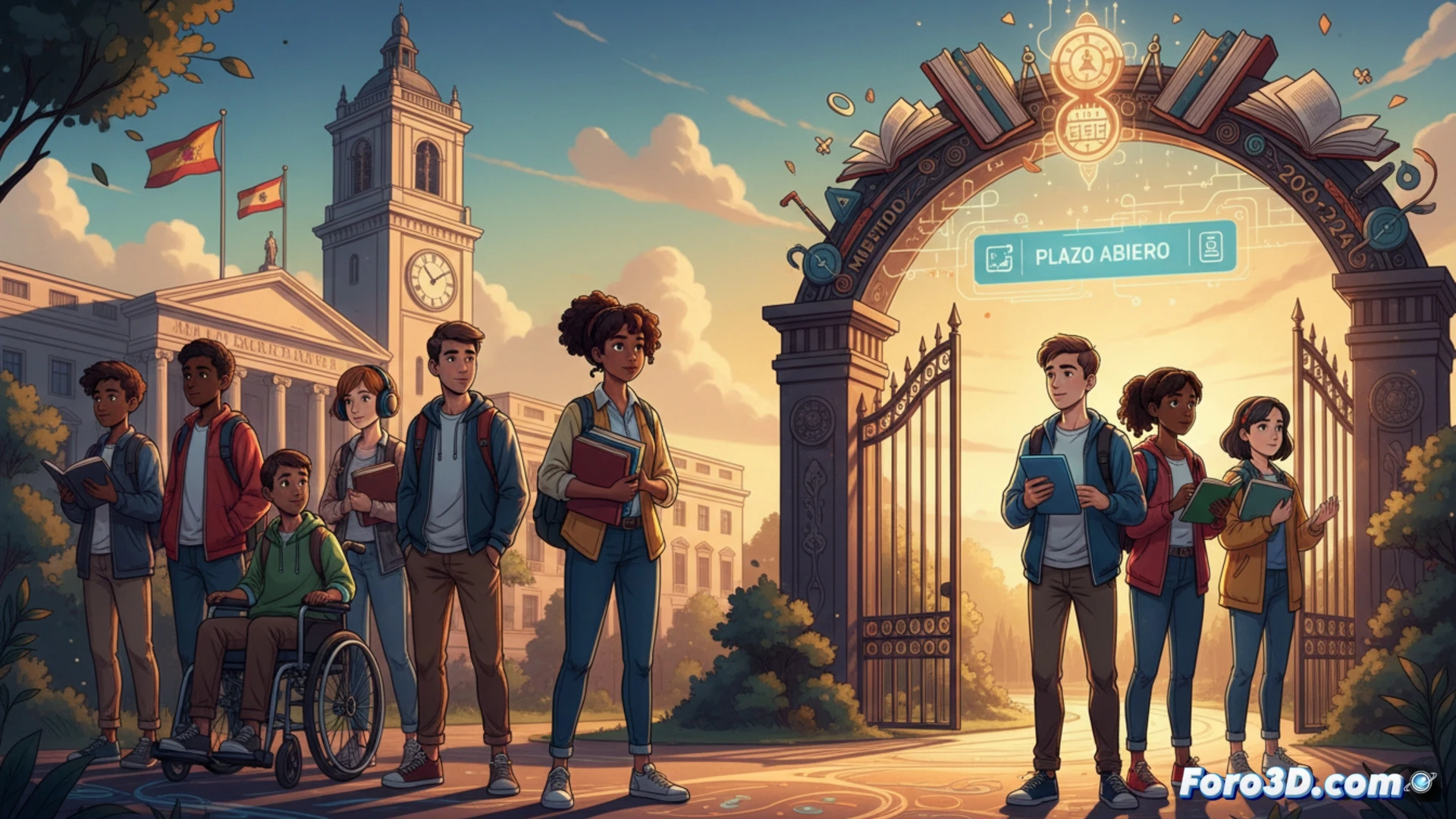 un estudiante con lentes de realidad virtual sentado frente a una tableta digital, mostrando un formulario de solicitud de beca en pantalla, mientras sostiene un certificado digital USB y un teléfono con la app Clave, durante el proceso de firma electrónica, luces LED azules iluminando el escritorio, fondo con calendario marcando 20 de septiembre, estilo cinematic photorealistic, iluminación suave de oficina, textura de plástico y metal en dispositivos, composición centrada en la acción de completar el trámite online