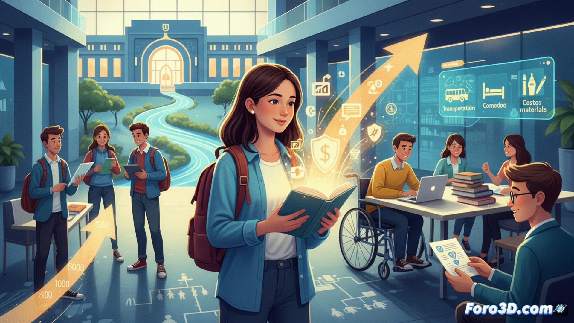 Photorealistic technical illustration of a university desk scene, student reviewing digital tablet showing a budget allocation pie chart with education icons, scattered textbooks and a calculator nearby, a laptop displaying a financial aid application form, soft natural light from window illuminating a glass of water and pen holder, clean minimalist study environment, shallow depth of field, warm academic tones, hyper-detailed textures of paper and plastic, cinematic composition