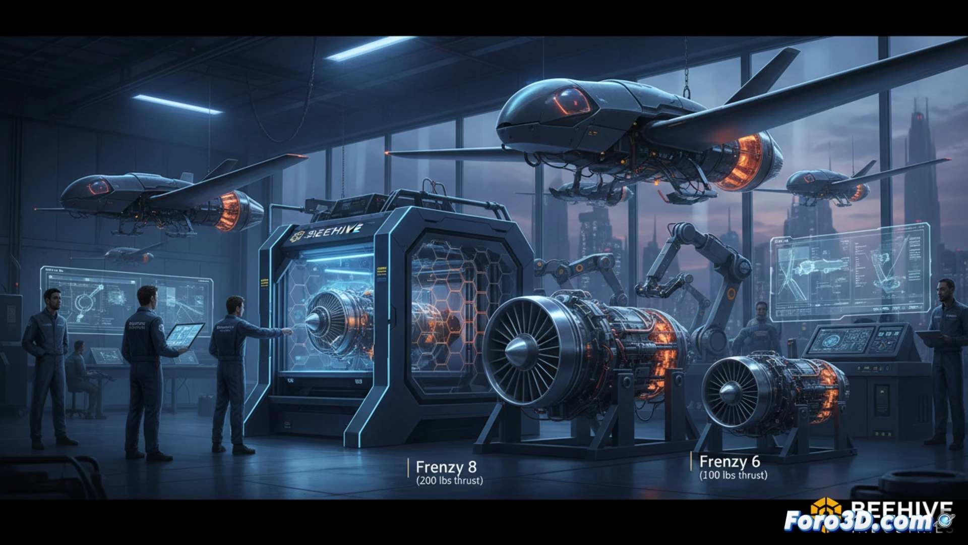 industrial 3D printing facility, large metallic drone engine being assembled by robotic arms, Frenzy 8 turbofan core with visible layer lines from additive manufacturing, glowing blue turbine blades spinning during test, orange heat shimmer rising from exhaust nozzle, engineer monitoring holographic performance data while holding inspection tool, bright workshop lighting casting sharp shadows on polished metal surfaces, photorealistic engineering visualization, ultra-detailed mechanical components, dramatic contrast between cool blue electronics and warm engine glow, cinematic technical illustration style